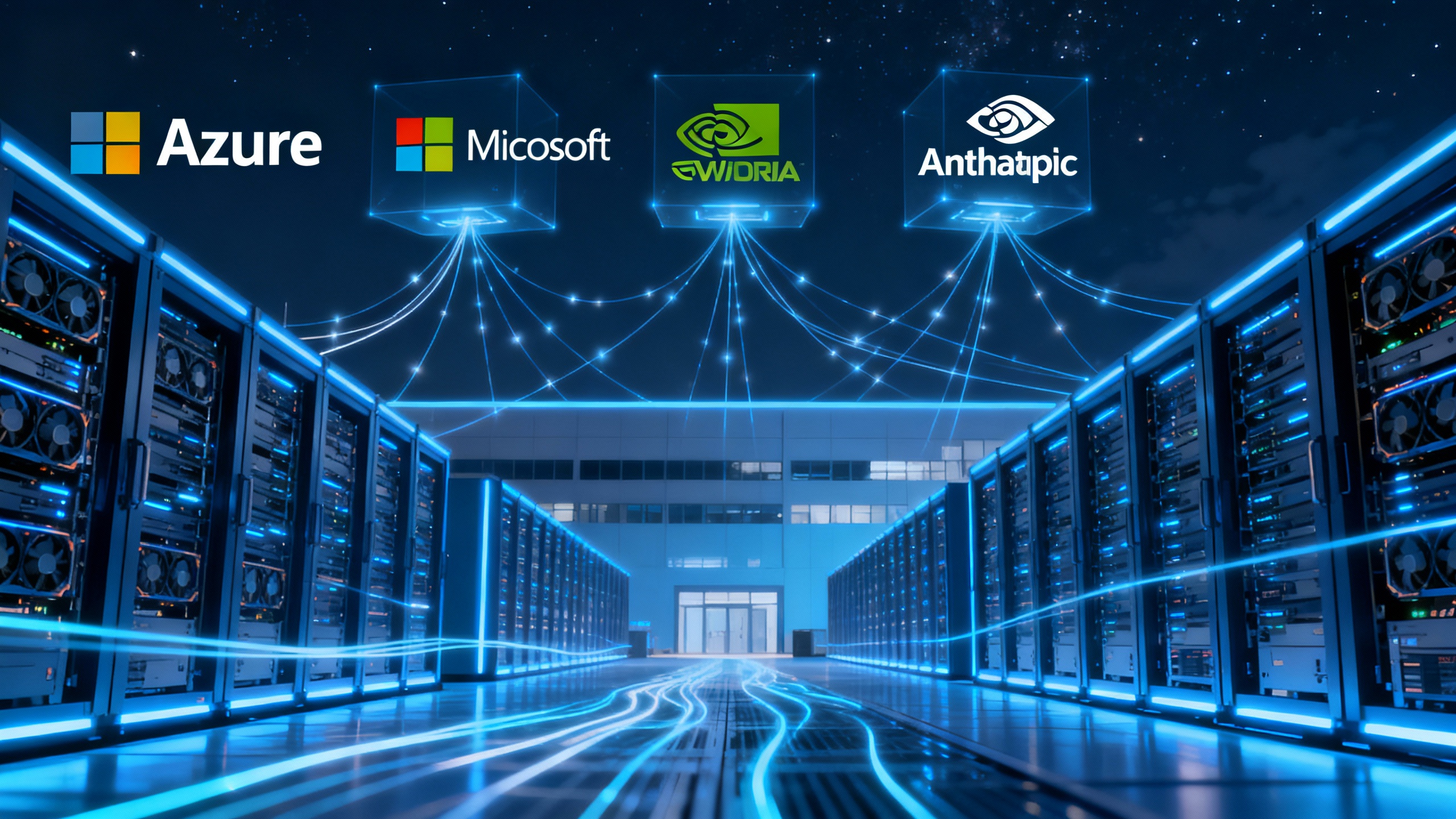 Illustration of Anthropic, Microsoft, and Nvidia logos connected over a glowing Azure data center with GPU clusters