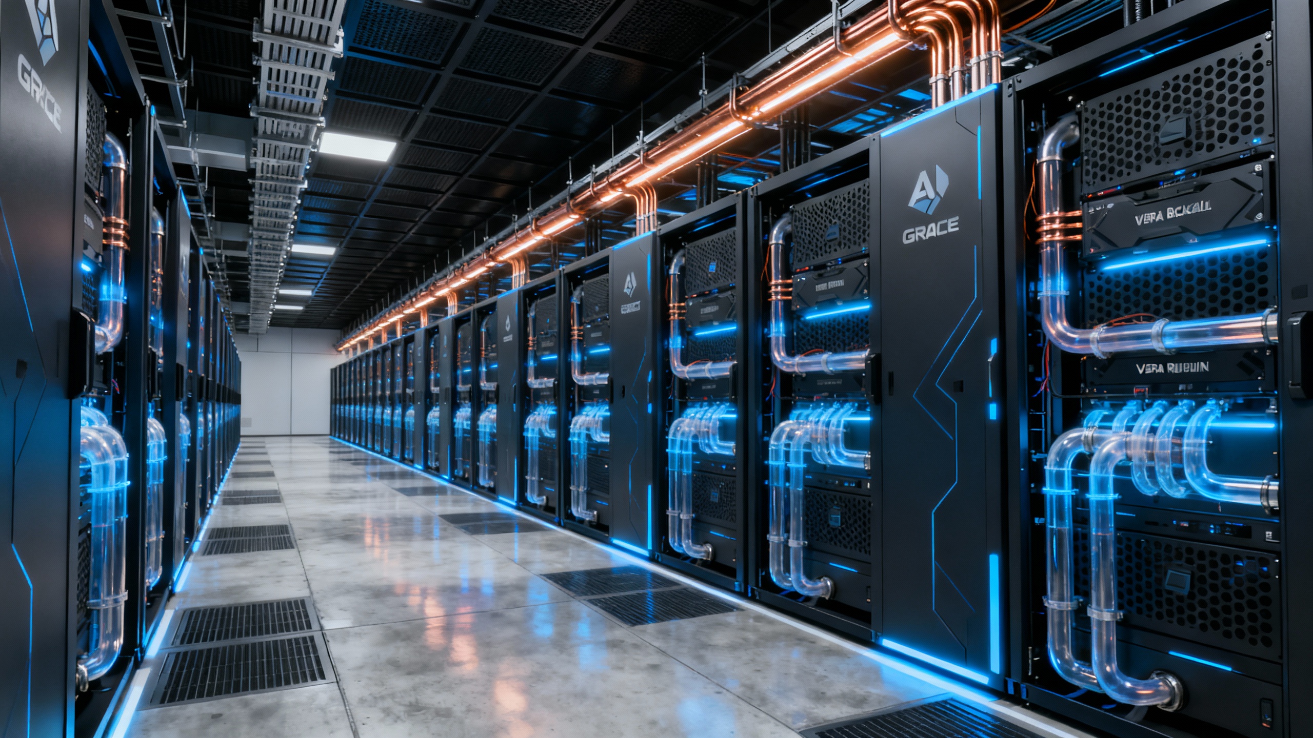 Concept art of gigawatt-scale AI data center aisles filled with next-gen Nvidia servers, cool, blue lighting, and power infrastructure
