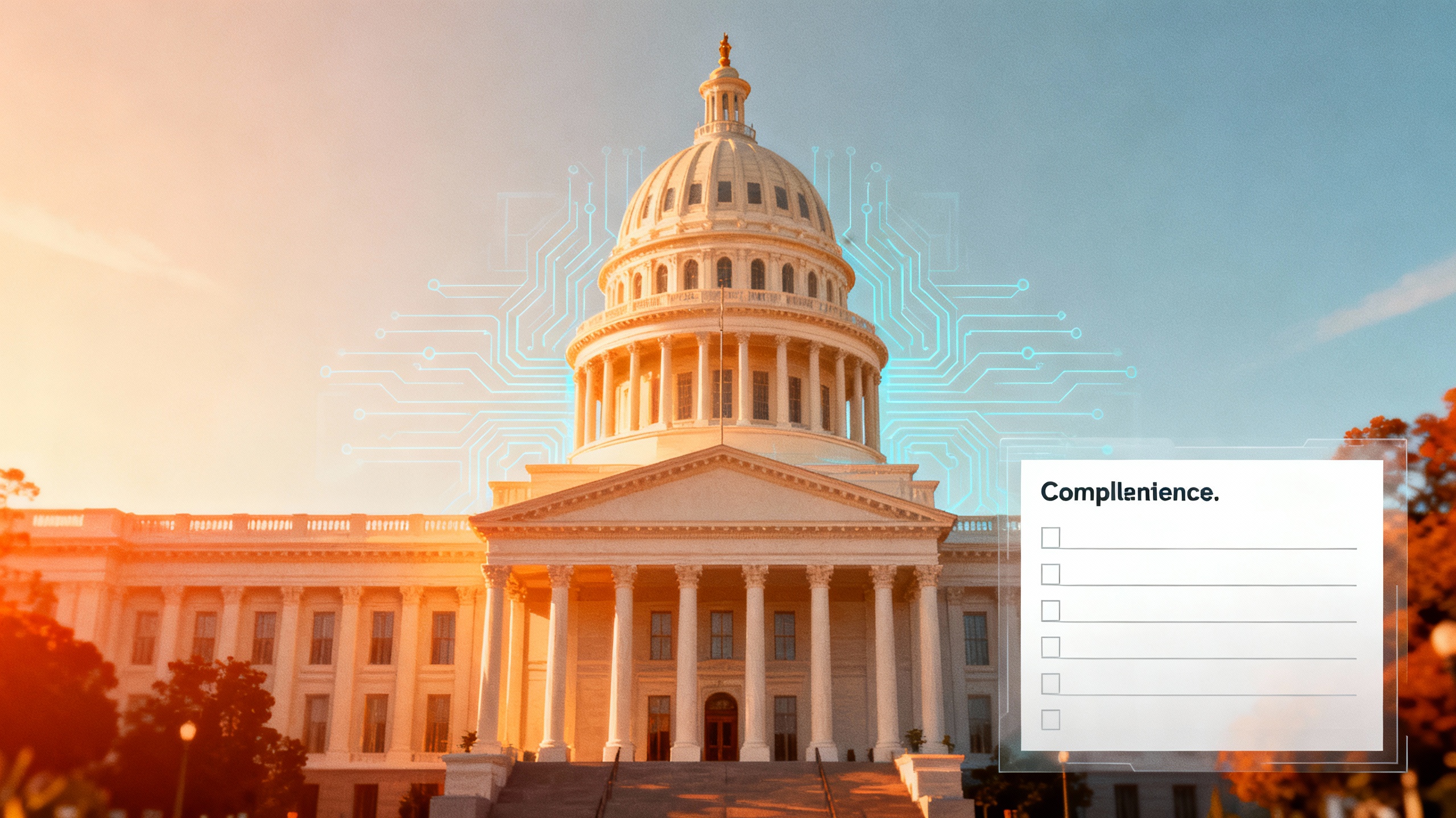 California State Capitol with subtle AI circuit motifs and a checklist overlay representing compliance steps