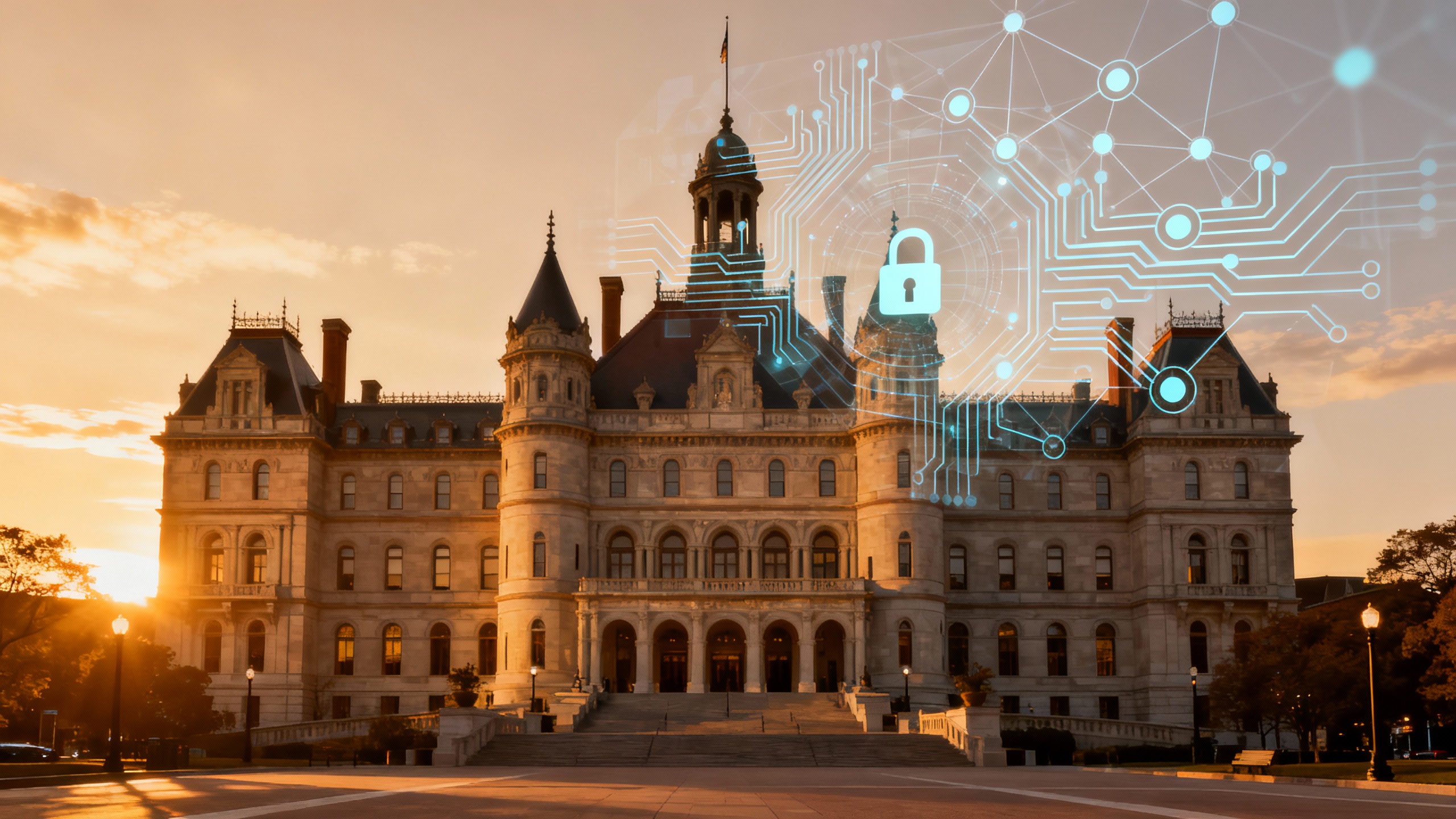 The New York State Capitol in Albany with a stylized overlay of circuitry and an AI model diagram