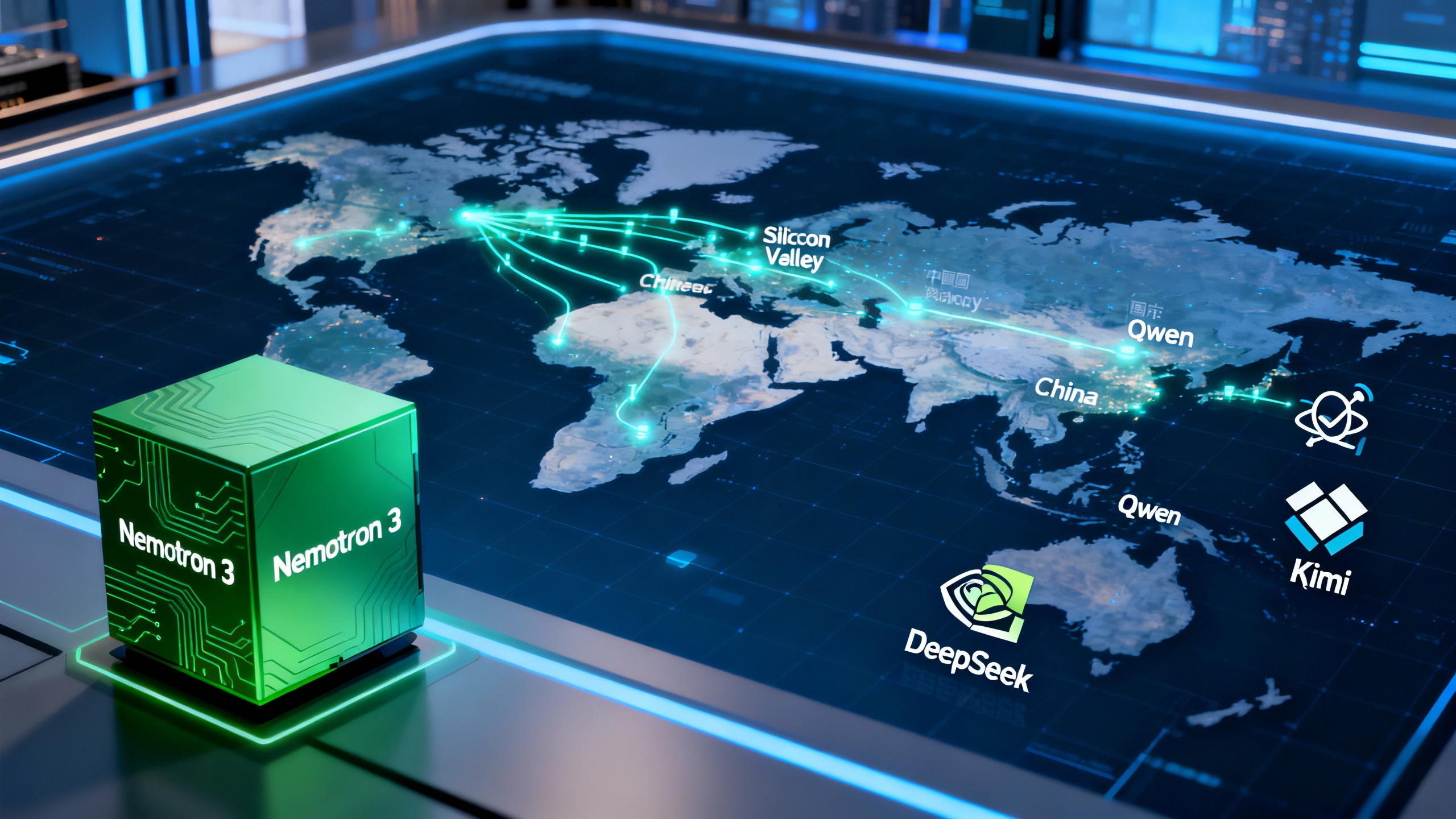 An editorial illustration of Nvidia’s Nemotron 3 squaring off against popular Chinese open models across a stylized world map