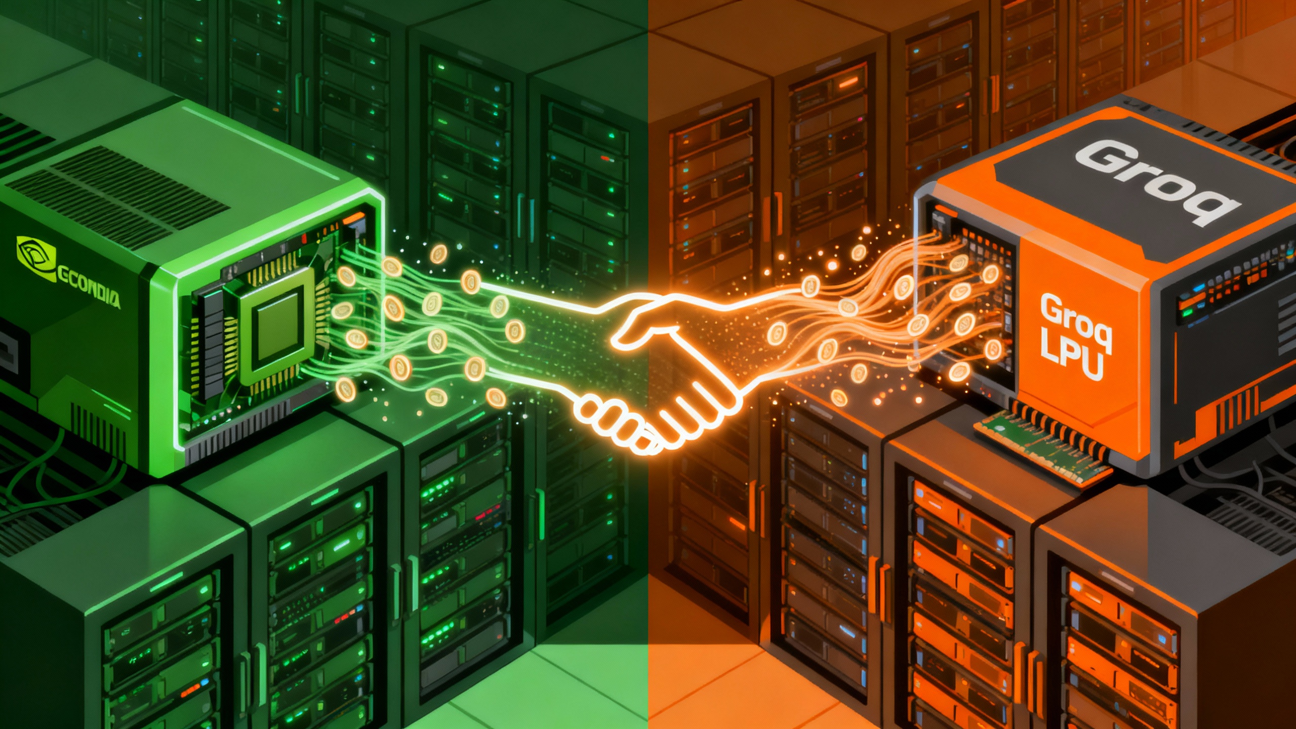 Concept illustration of Nvidia and Groq linking technologies for AI inference