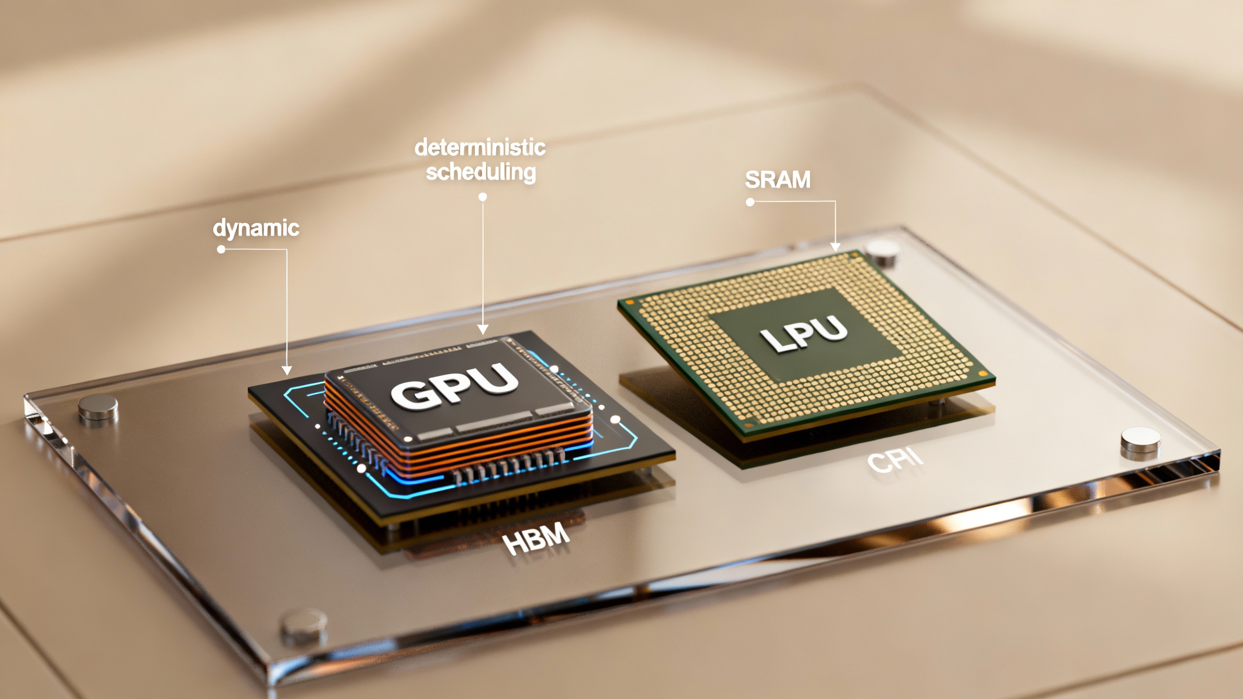 Macro close-up of two conceptual chips labeled GPU and LPU on a reflective board; minimal overlay icons hinting at HBM stacks on the GPU side and on-chip SRAM on the LPU side; soft depth-of-field