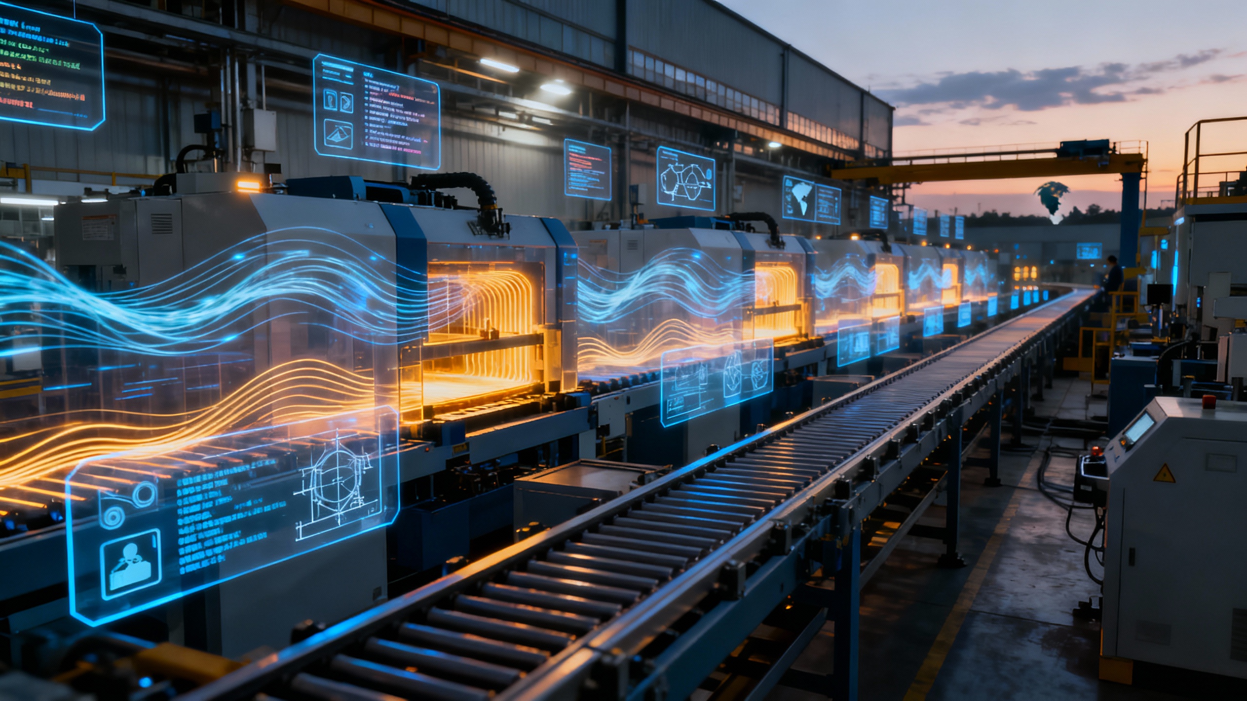 A modern factory as a photorealistic digital twin, with translucent overlays of airflow and stress fields visualizing AI physics running in real time