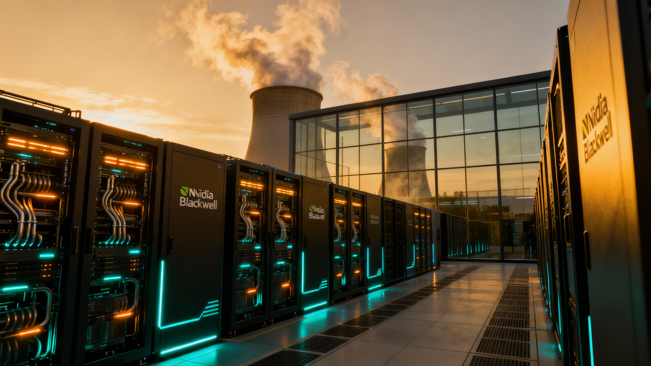 Immersive editorial scene of a modern AI data center with Nvidia Blackwell GPU racks and liquid cooling, conveying scale and momentum
