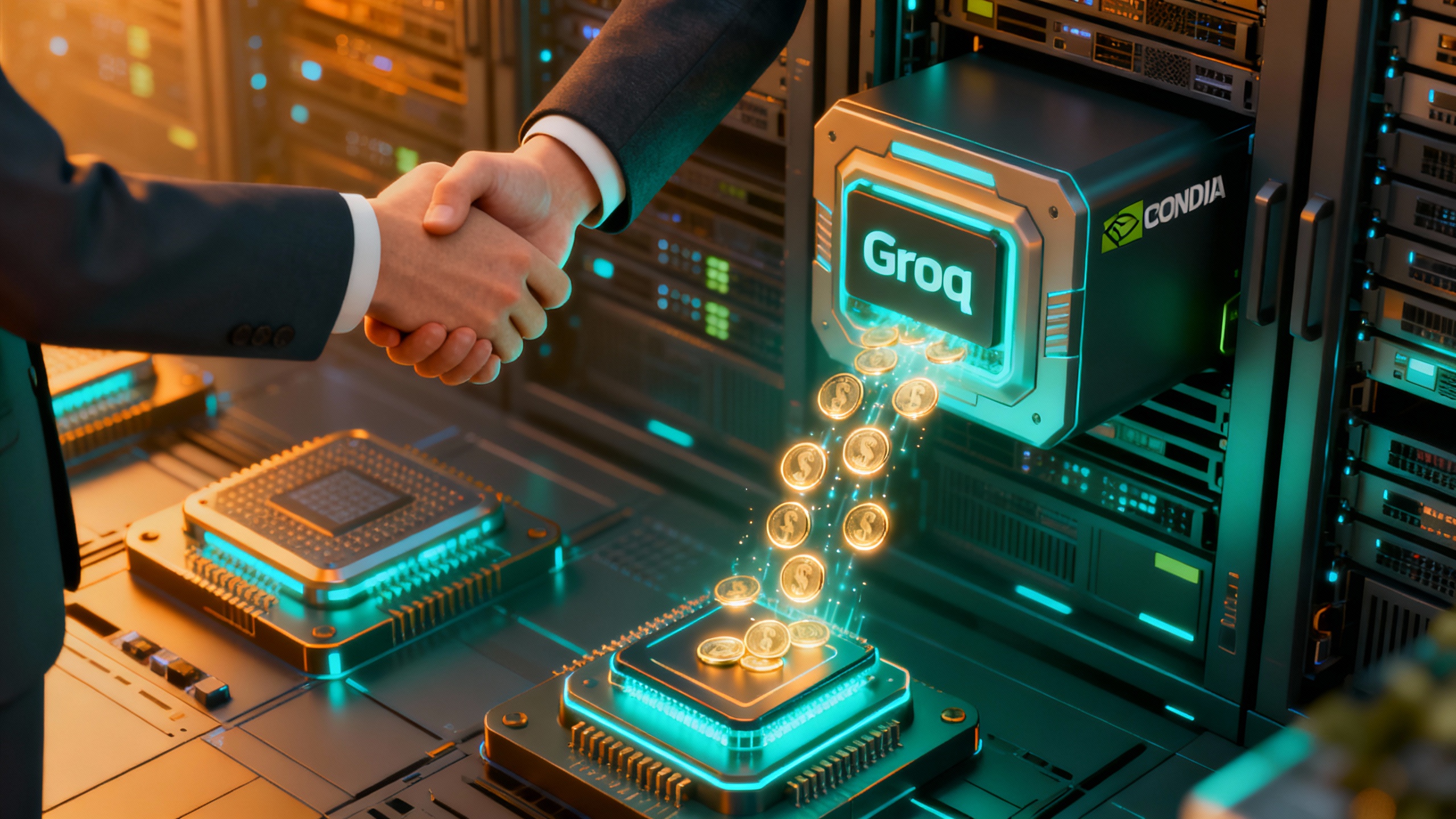 Conceptual illustration of Nvidia and Groq striking a licensing deal focused on AI inference, with talent moving from Groq to Nvidia