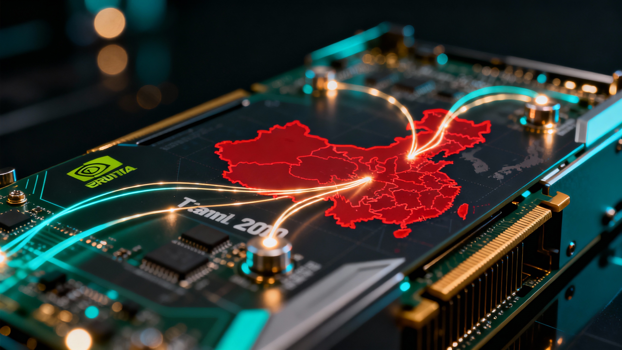 NVIDIA H200 GPU superimposed with a stylized China map and supply routes