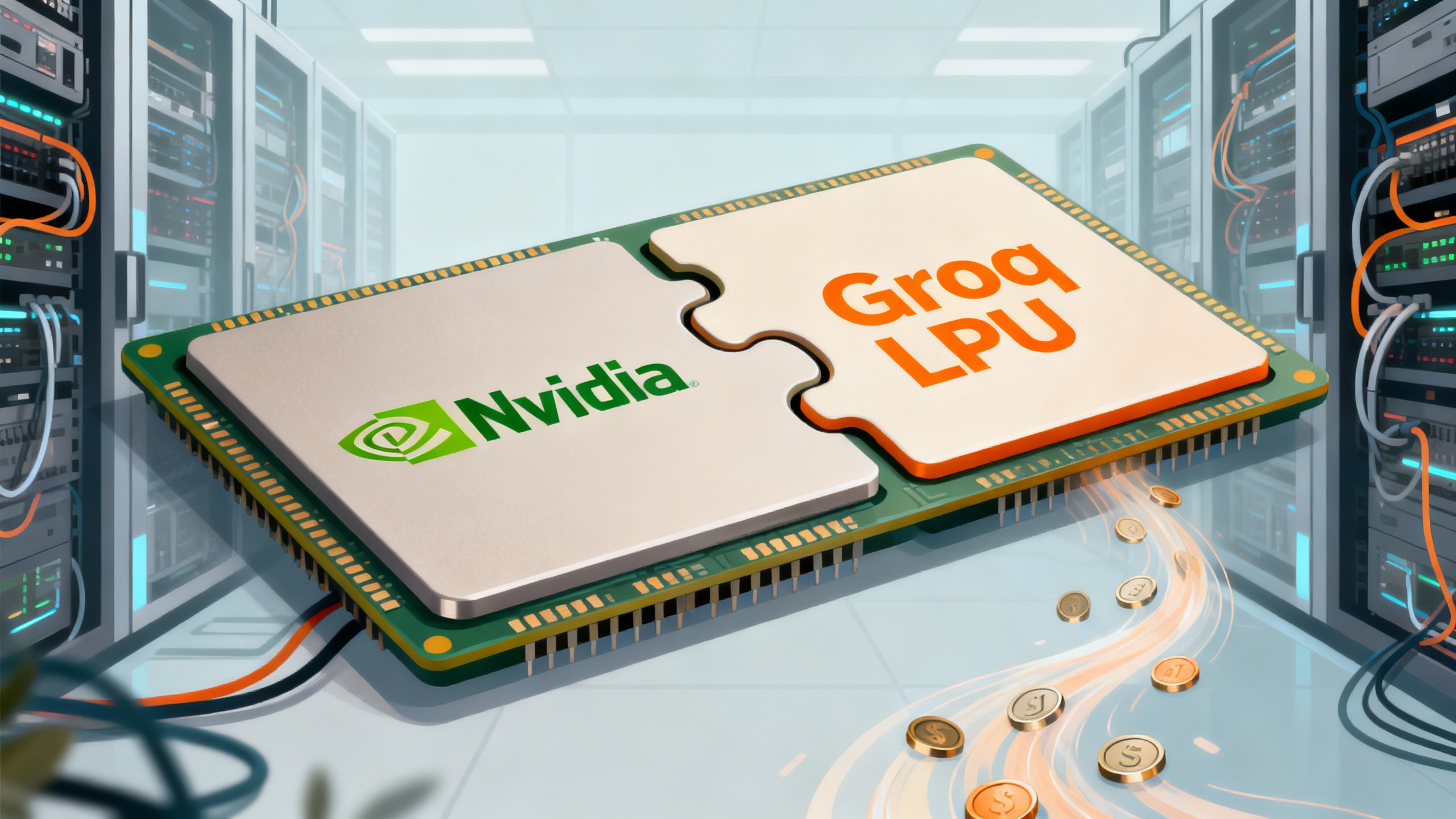 Editorial illustration of Nvidia and Groq chips interlocking like puzzle pieces, symbolizing a license-and-hire deal rather than a full acquisition.