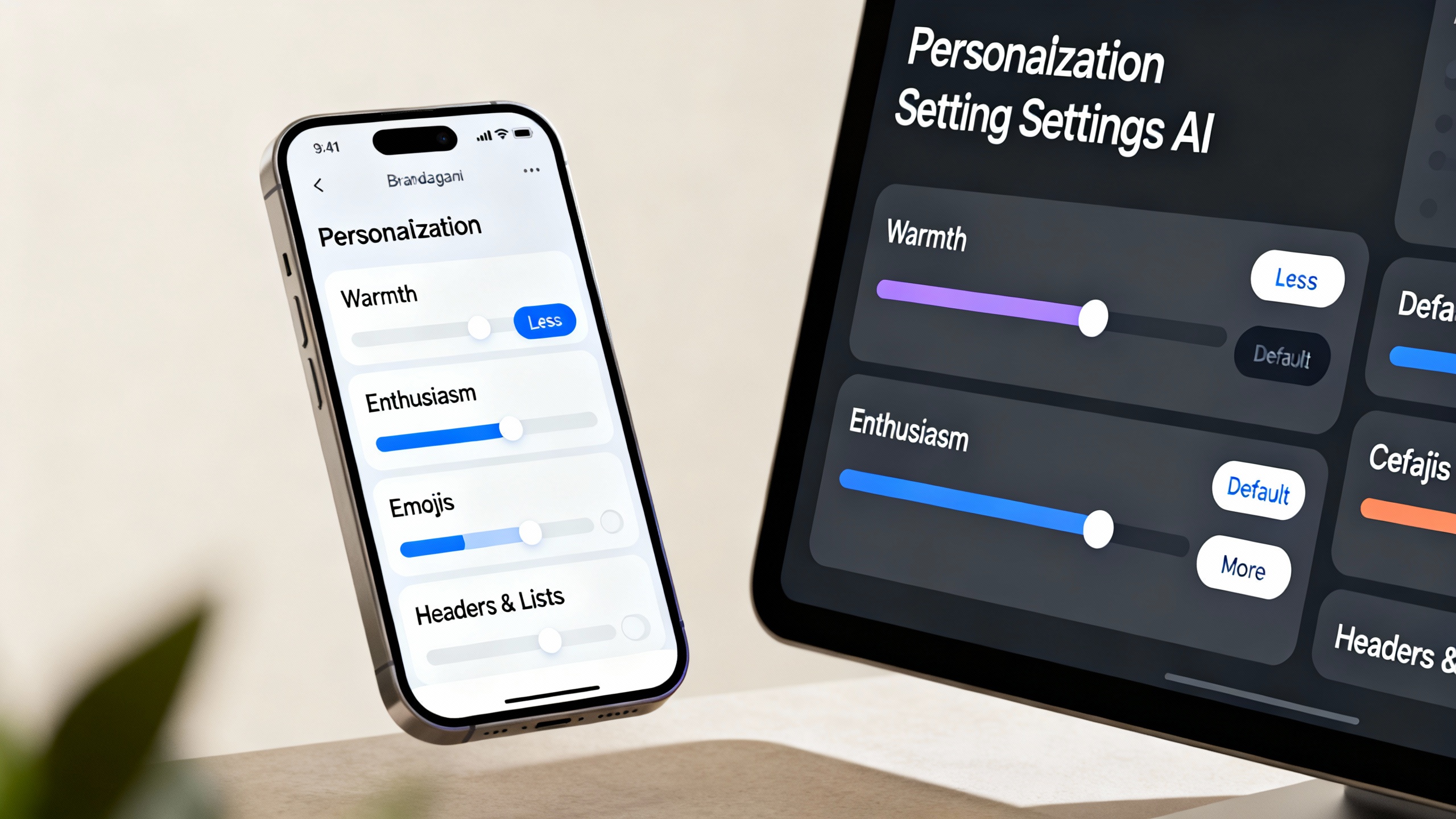 Concept UI of ChatGPT Personalization settings showing dials for Warmth, Enthusiasm, Emojis with More/Less defaults