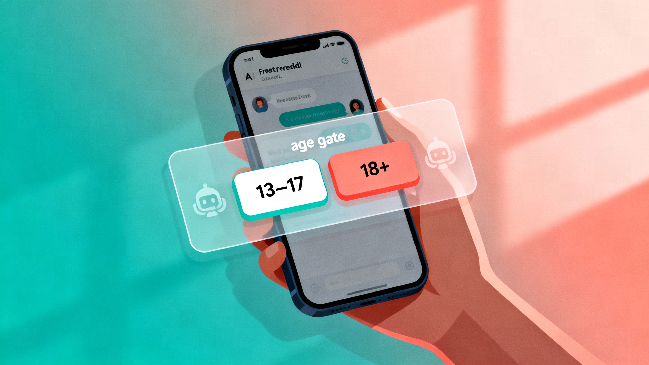 A phone screen showing an AI chat interface behind an age-check gate (13–17 vs 18+), with two subtle, generic AI icons on either side and a soft safety-tone color palette