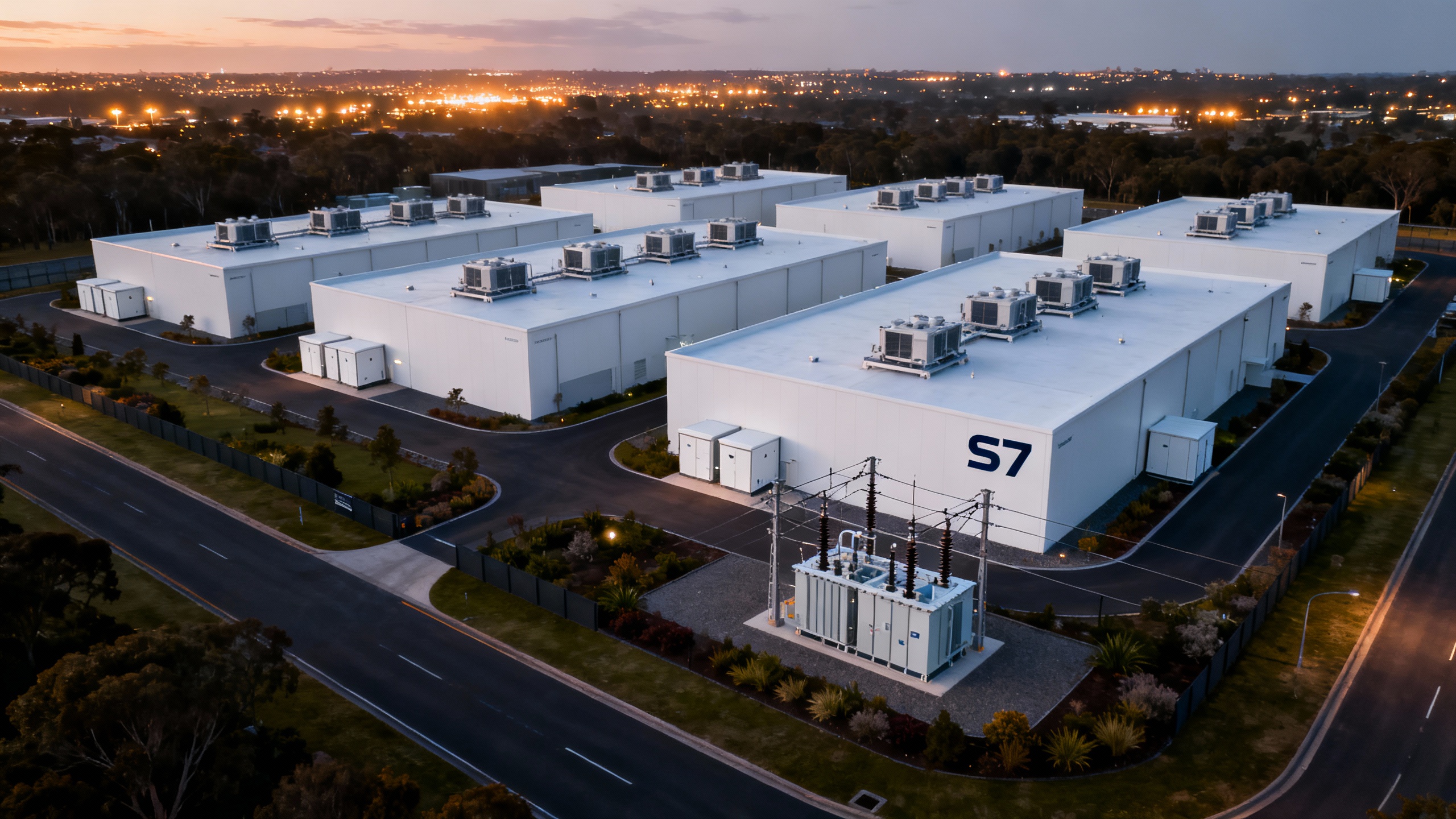 Render of a modern AI data center campus in Western Sydney with high-voltage lines and liquid-cooling plant at dusk.