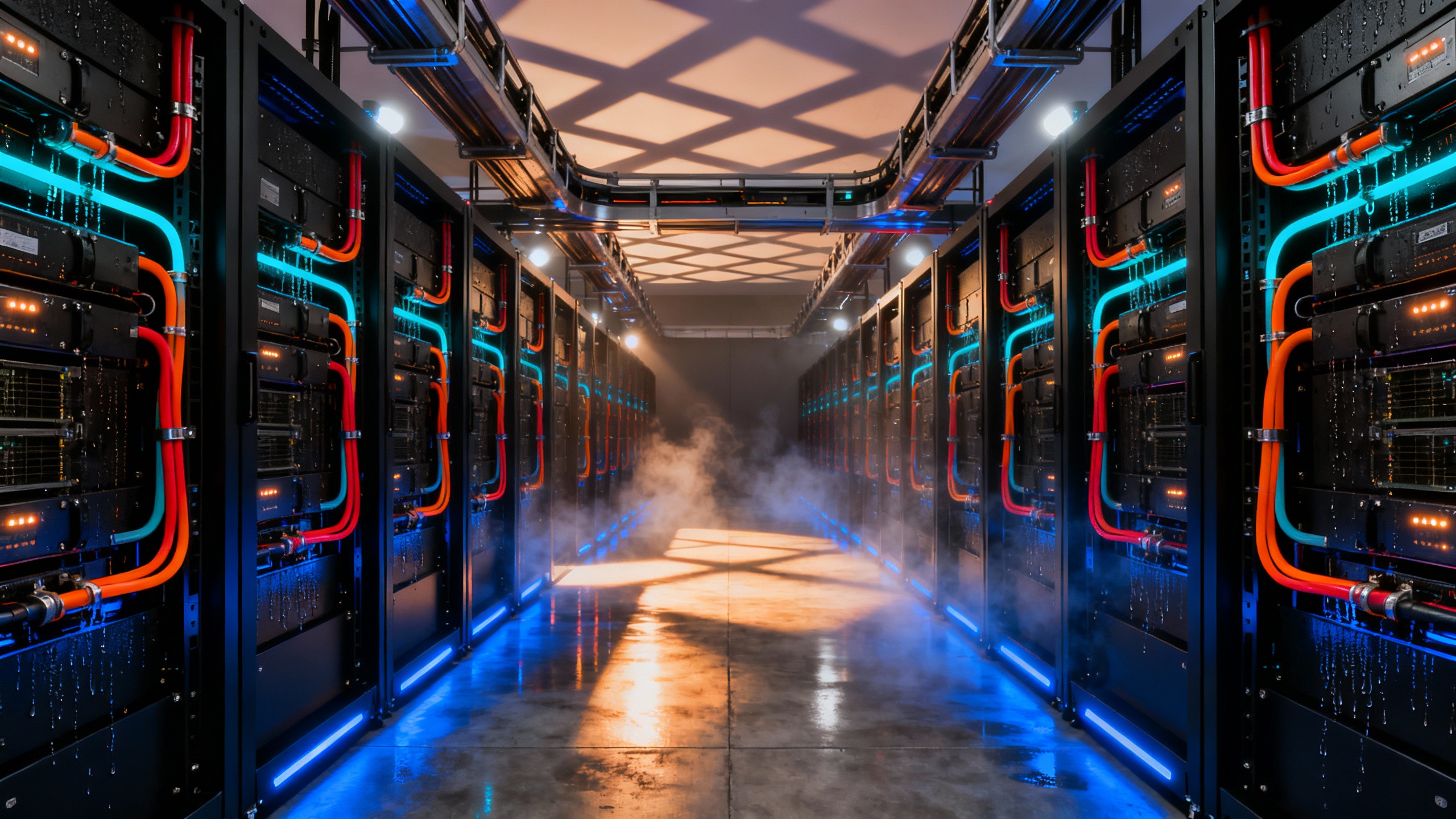 Interior of a high-density GPU data hall with direct-to-chip liquid cooling manifolds and blue accent lighting.