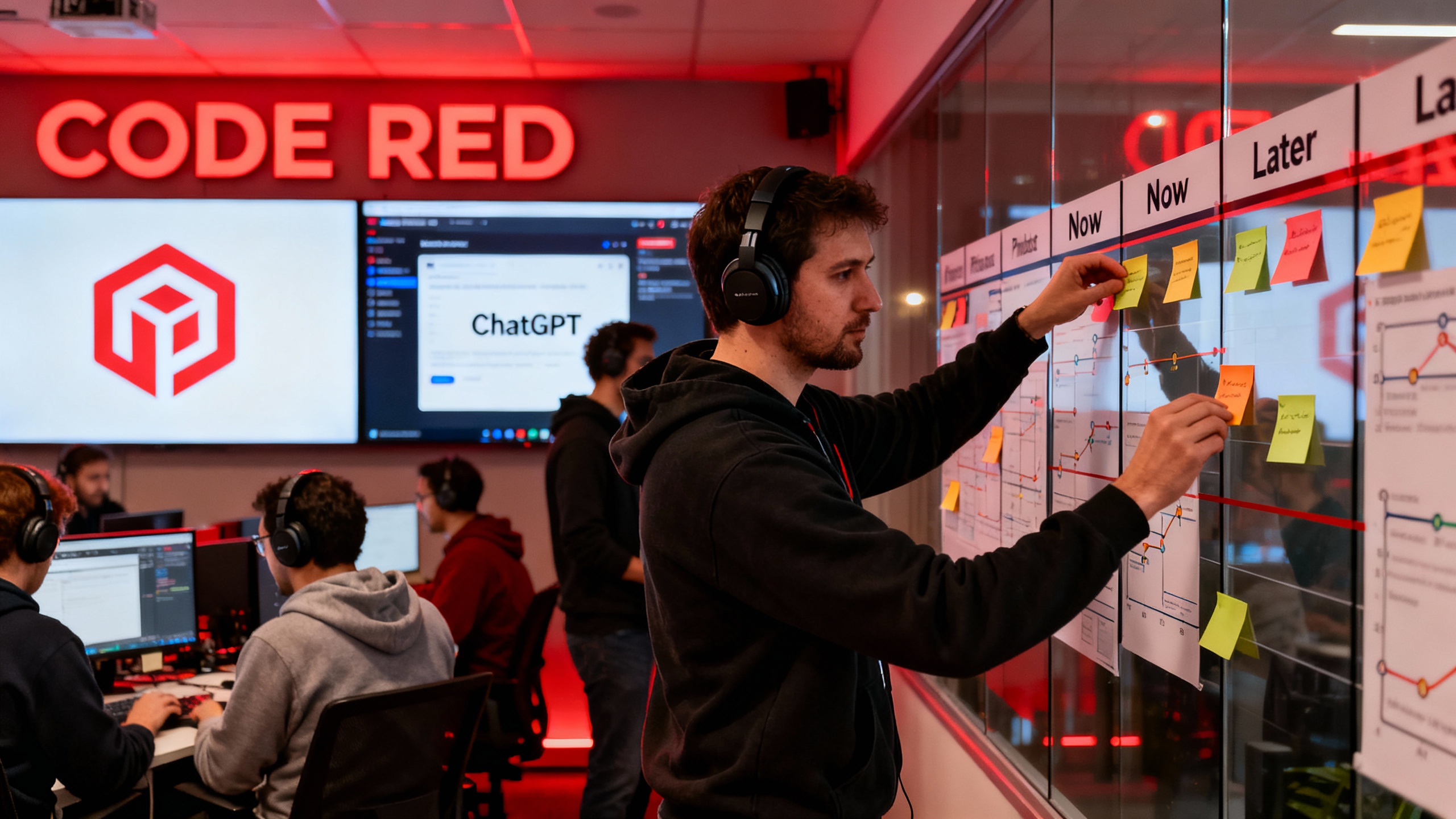 An urgent, late-night product war room with red dashboards labeled ‘Code Red’, ChatGPT UI elements on big screens, and engineers reprioritizing tasks.