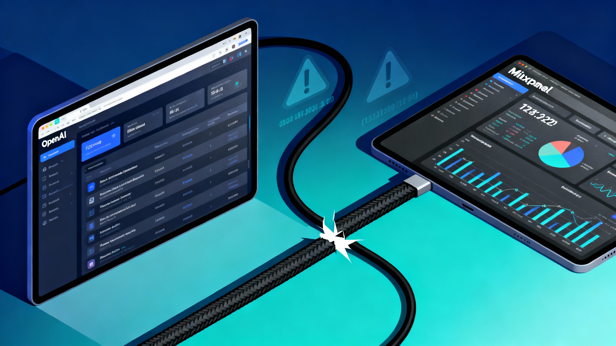 Editorial illustration of a severed data cable labeled 'Mixpanel' disconnecting from an OpenAI-branded dashboard, with subtle warning icons indicating a security incident