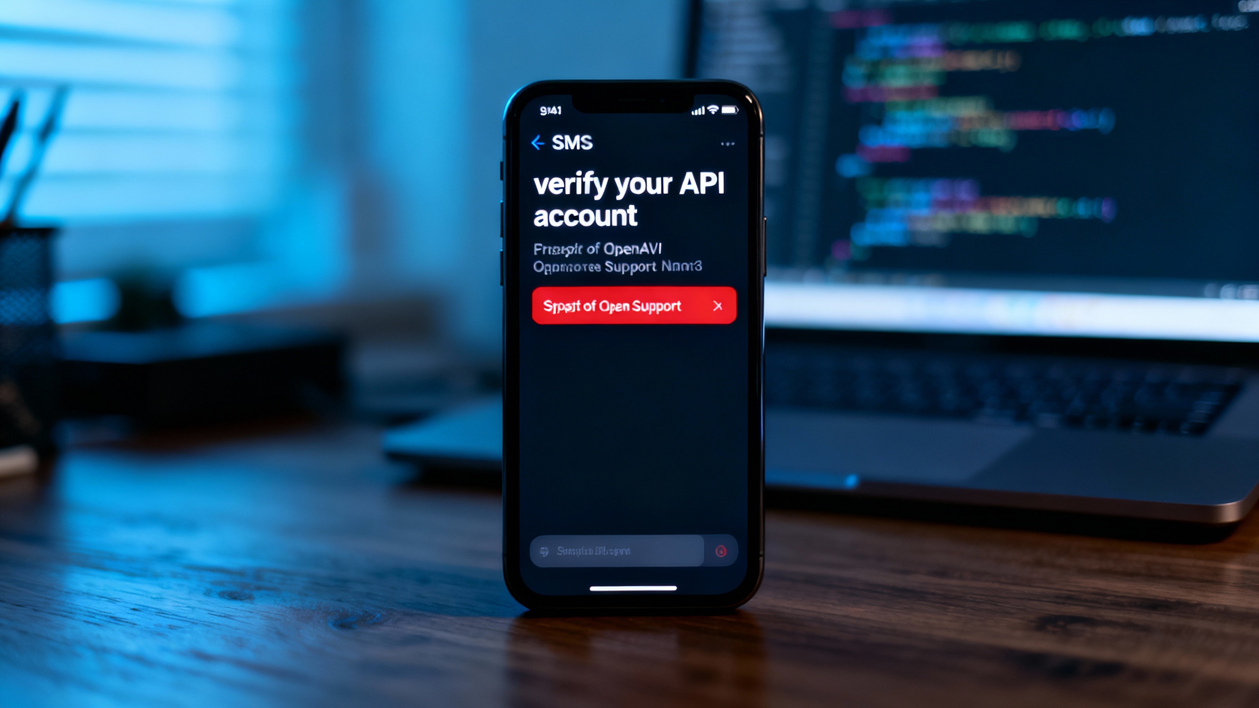 Close-up of a developer’s phone displaying a suspicious SMS that impersonates OpenAI support, with subtle UI cues highlighting a spoofed domain