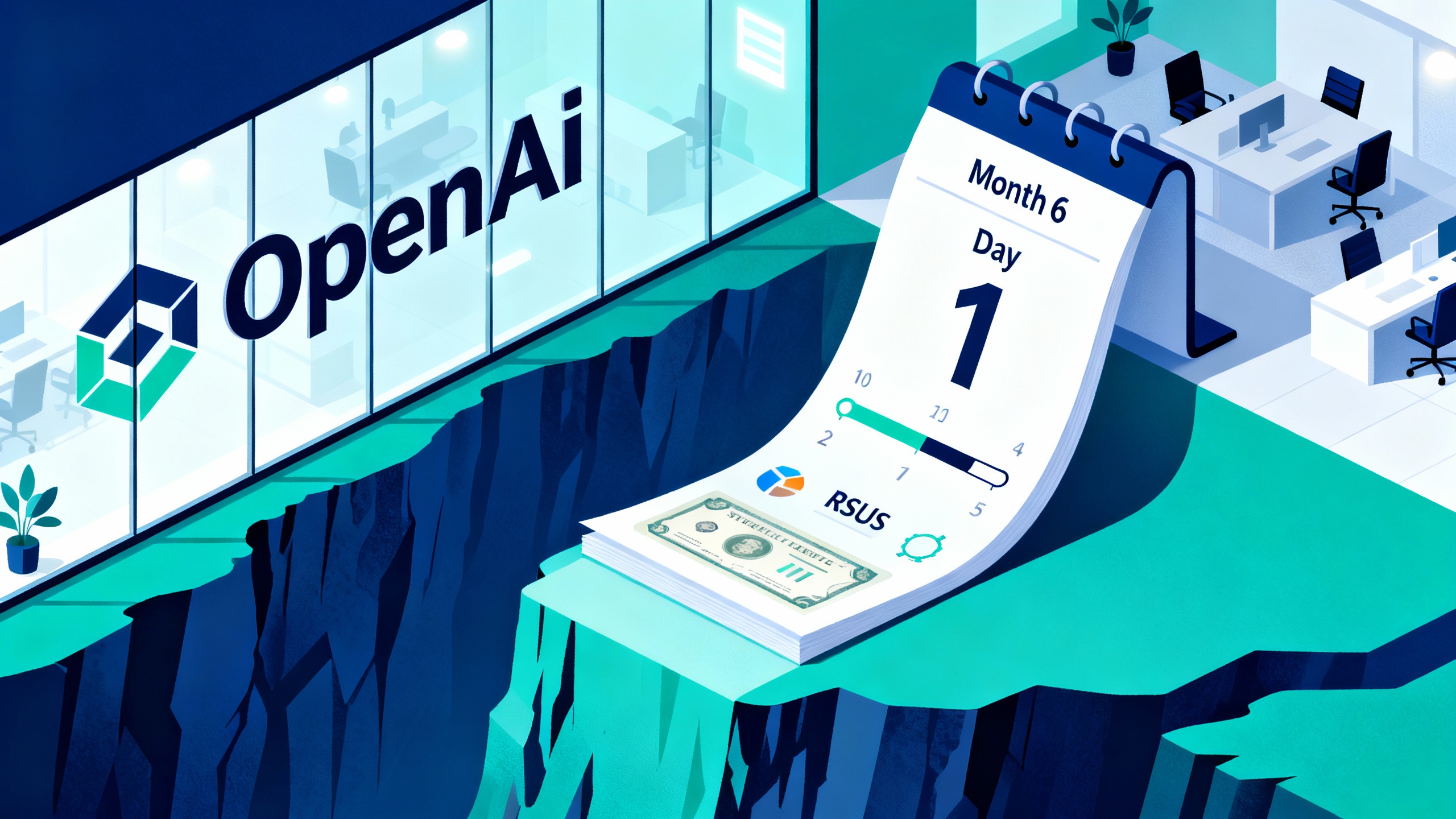 A symbolic illustration of a cliff edge turning into a smooth ramp next to an OpenAI logo, representing the end of a vesting cliff.