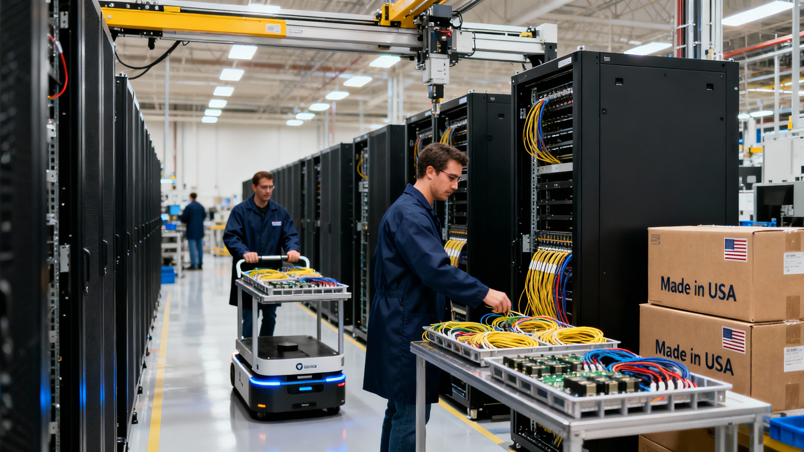 U.S. factory floor assembling AI server racks and power gear