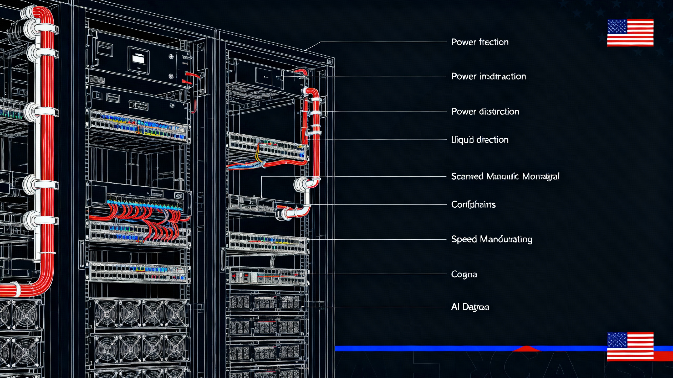 Cutaway blueprint of an AI rack showing power, networking, and liquid cooling pathways