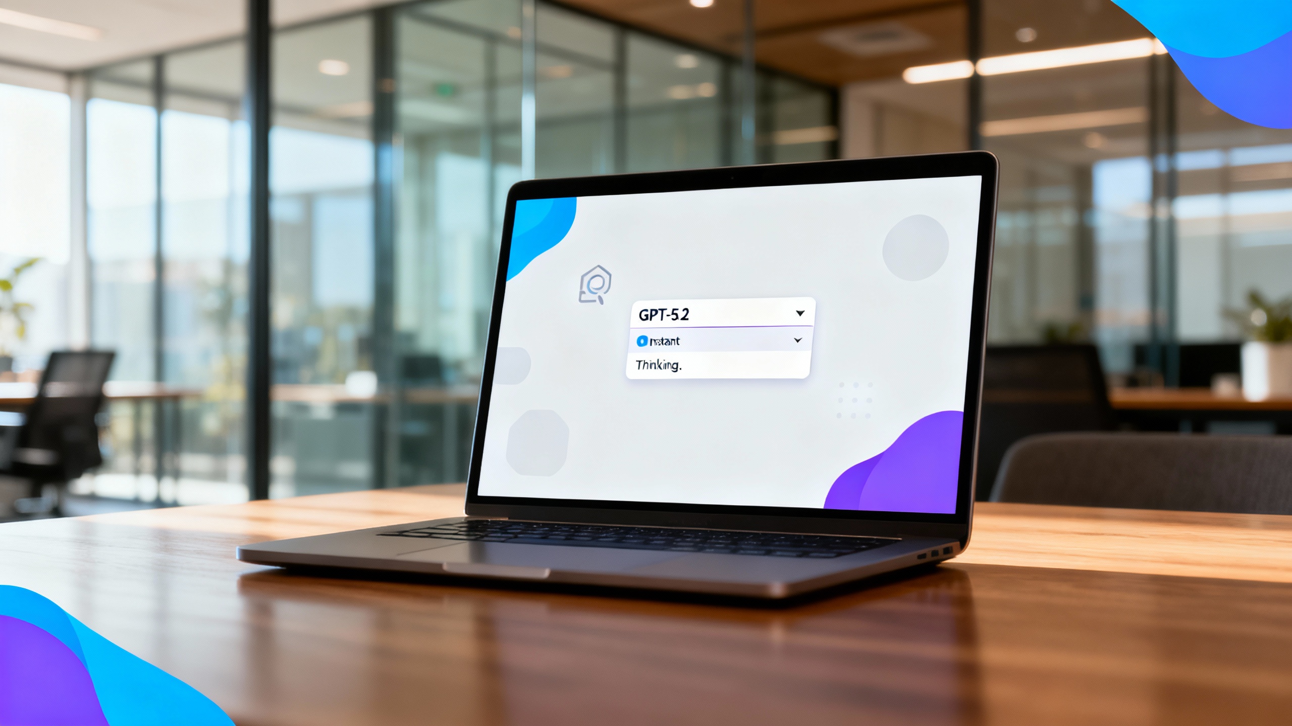 Conceptual hero showing Copilot with a model selector set to GPT‑5.2 inside a modern office scene