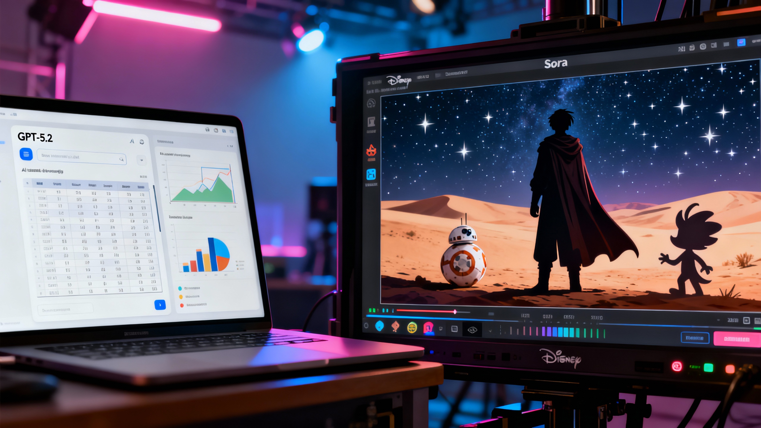 Conceptual split-screen: GPT-5.2 powering spreadsheet and slide creation while Sora renders a cinematic, IP-friendly scene inspired by space-fantasy and animation silhouettes