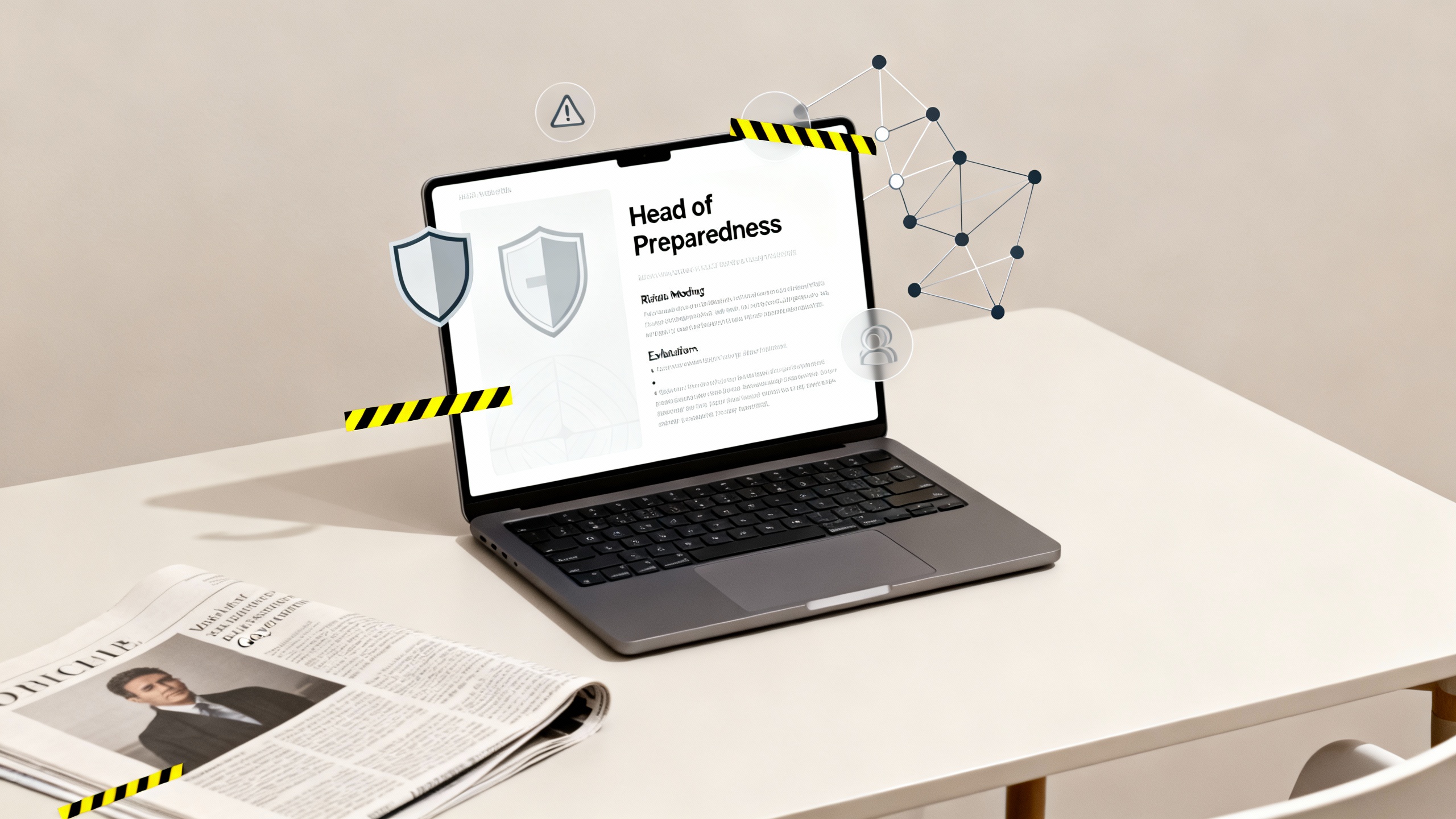 A laptop screen showing a neutral, brand‑free job listing for 'Head of Preparedness', overlaid with subtle hazard and shield motifs to convey risk management in AI agents