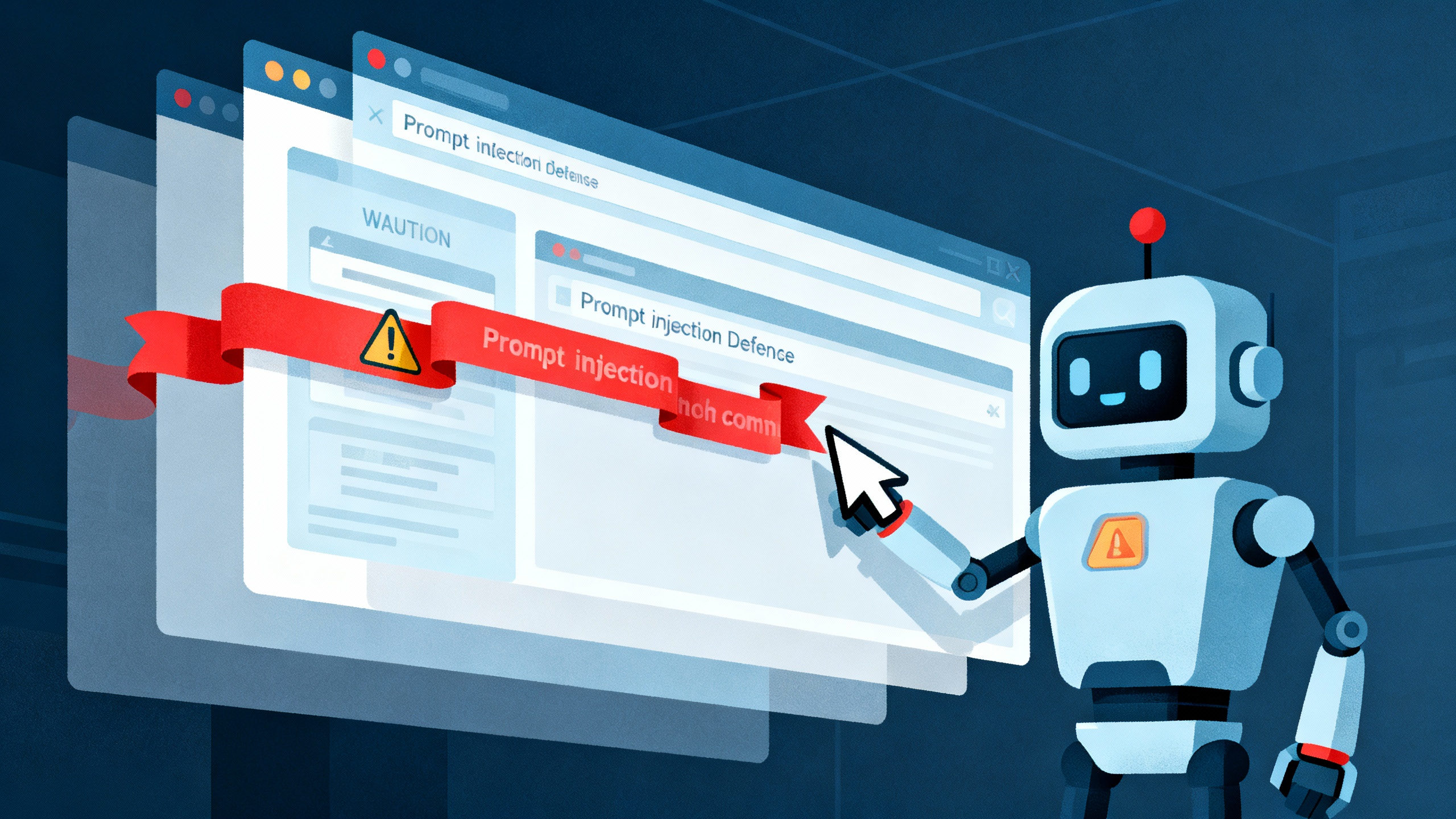 Conceptual scene of a browser agent encountering a hidden prompt injection embedded on a web page; visual metaphor shows a friendly robot pausing at a caution sign while browsing