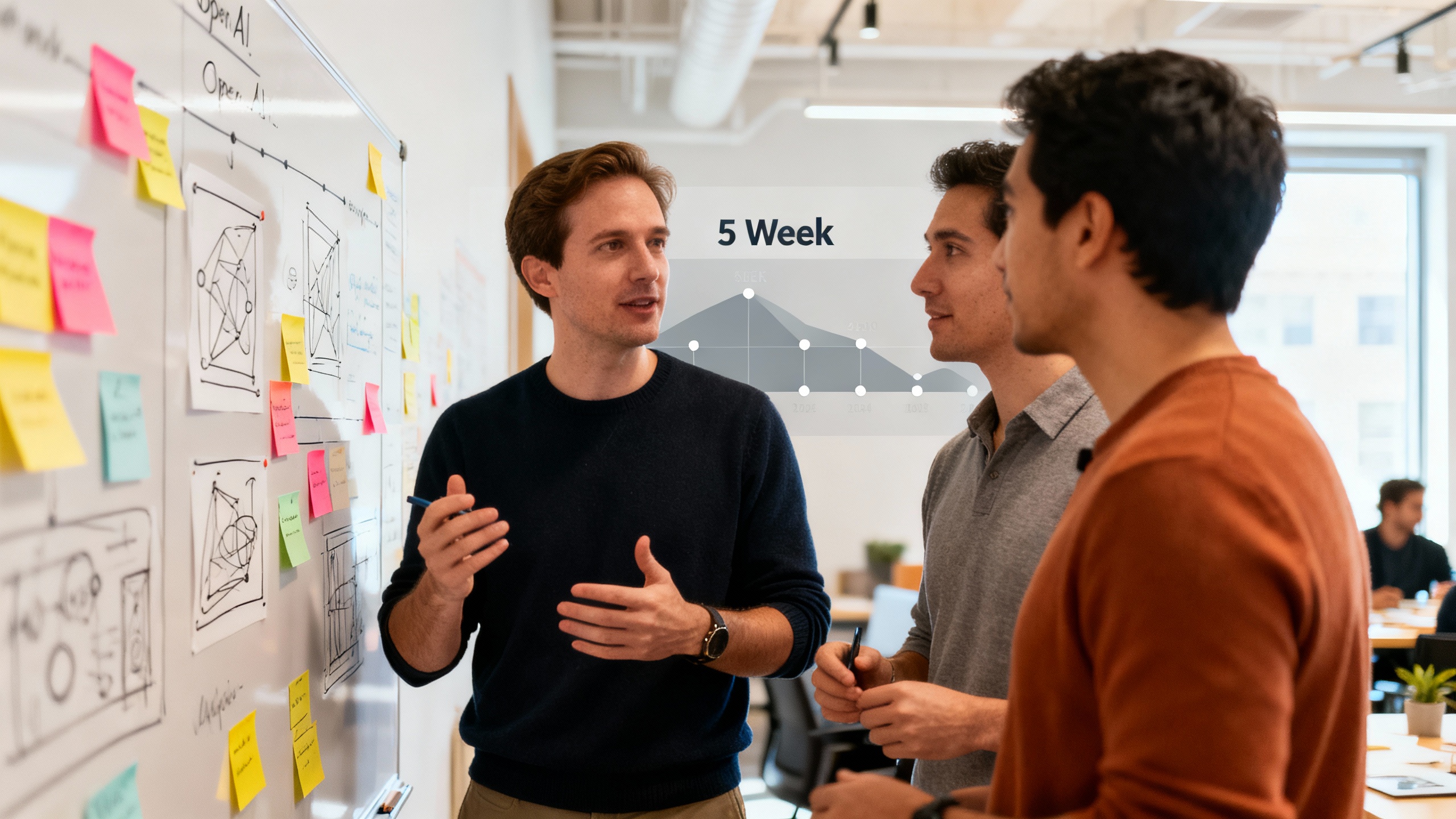 Early-stage founders in a workshop at OpenAI’s San Francisco HQ, with a five-week timeline visualized