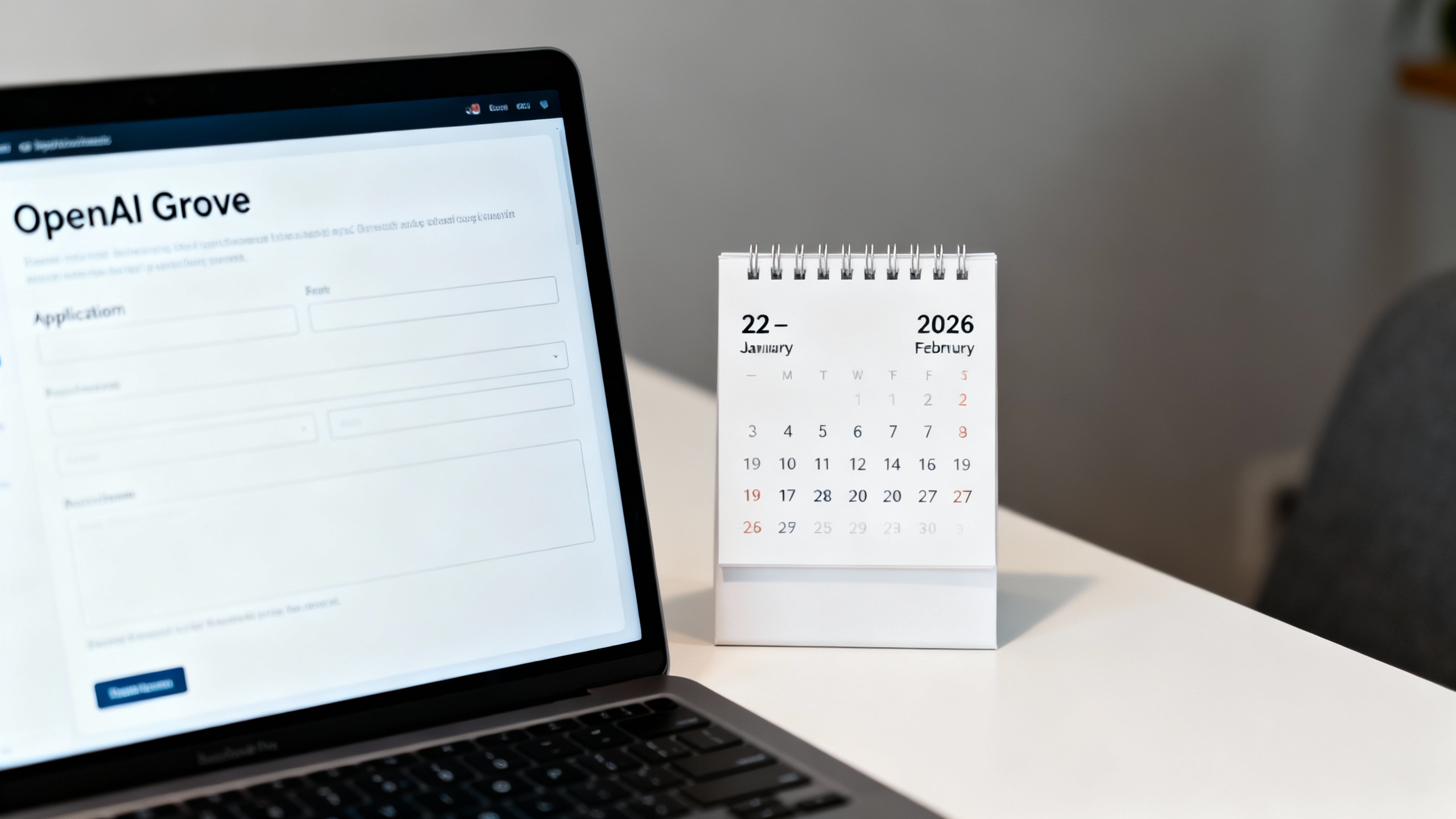 Laptop with the Grove application form on screen, beside a calendar highlighting Jan 22–Feb 27, 2026