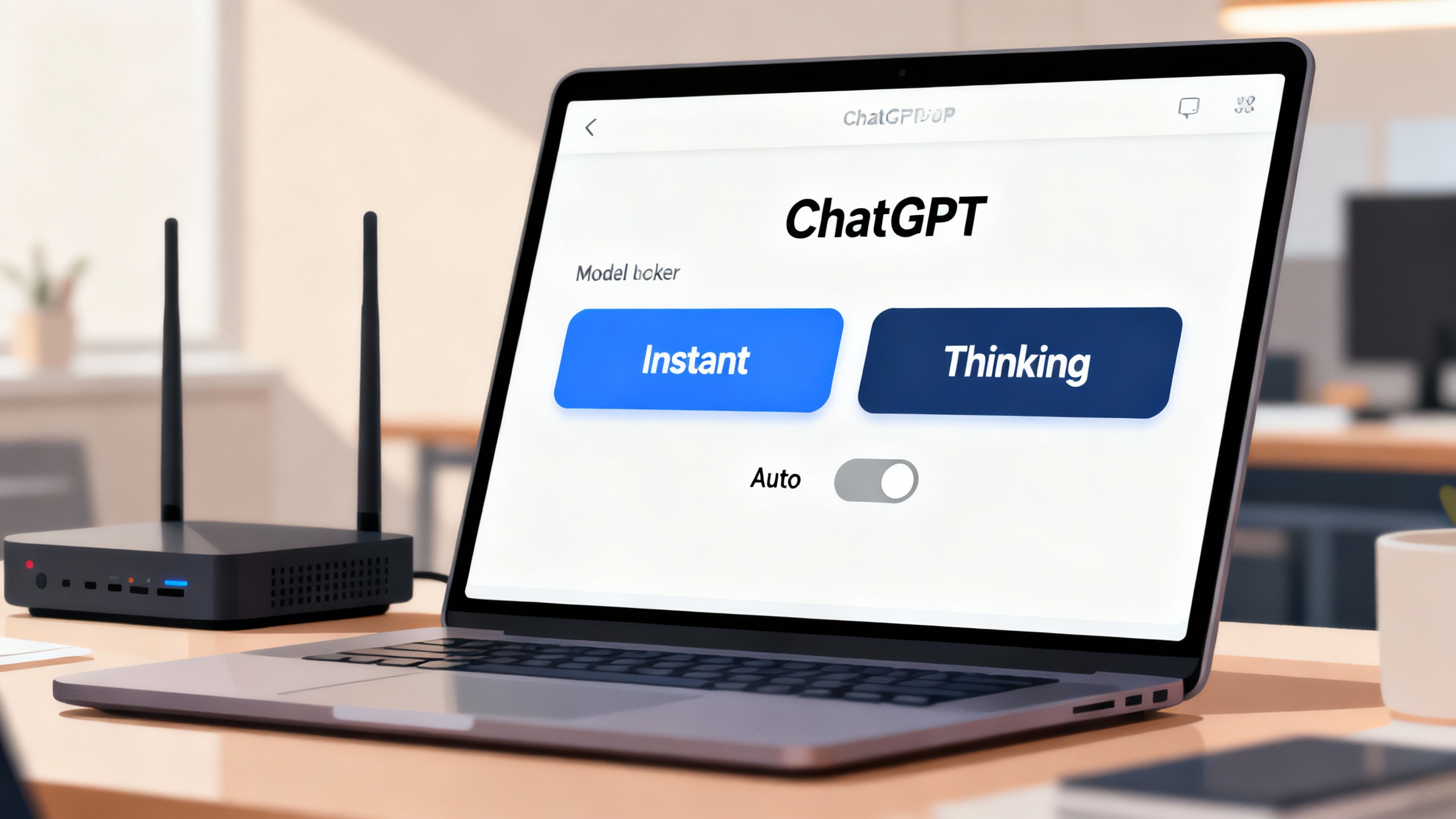 Conceptual split screen of ChatGPT showing a simple model picker with Instant and Thinking, and a disabled Auto/router toggle for Free users