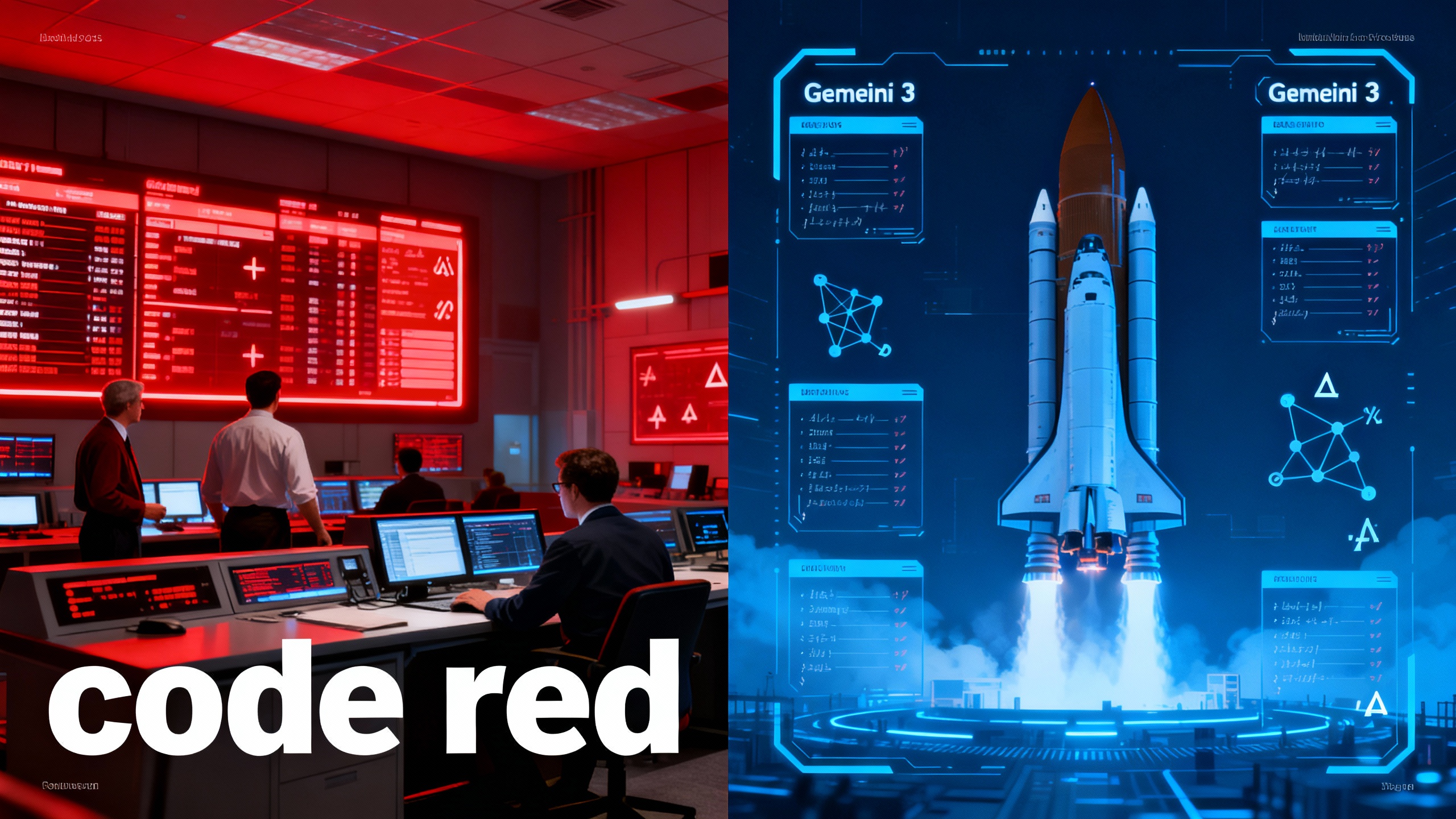 OpenAI's internal 'code red' memo juxtaposed with Google's Gemini 3 launch visuals in a dramatic split-screen scene