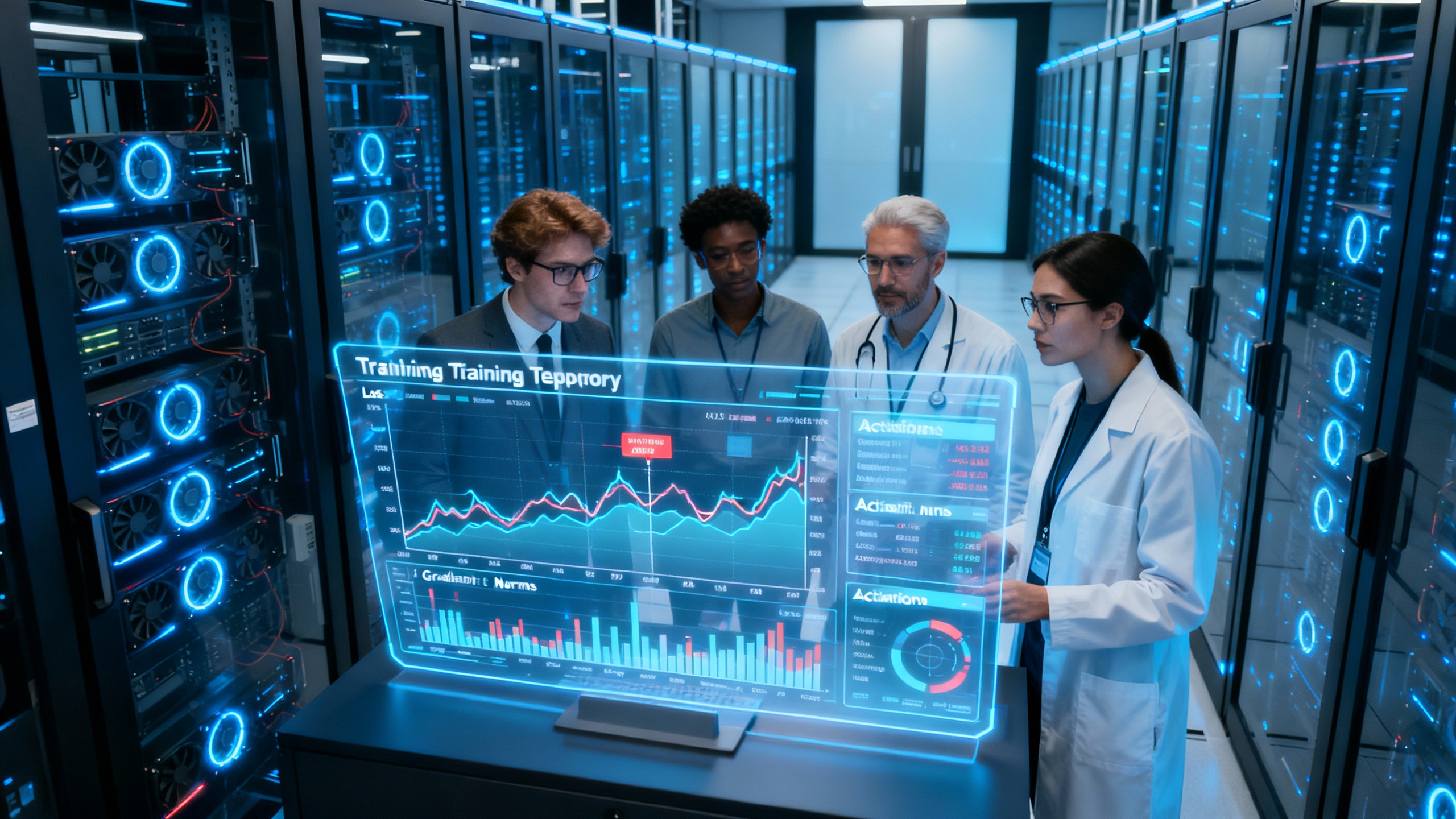 Conceptual scene of AI researchers observing a live training-telemetry dashboard while GPU clusters run in the background