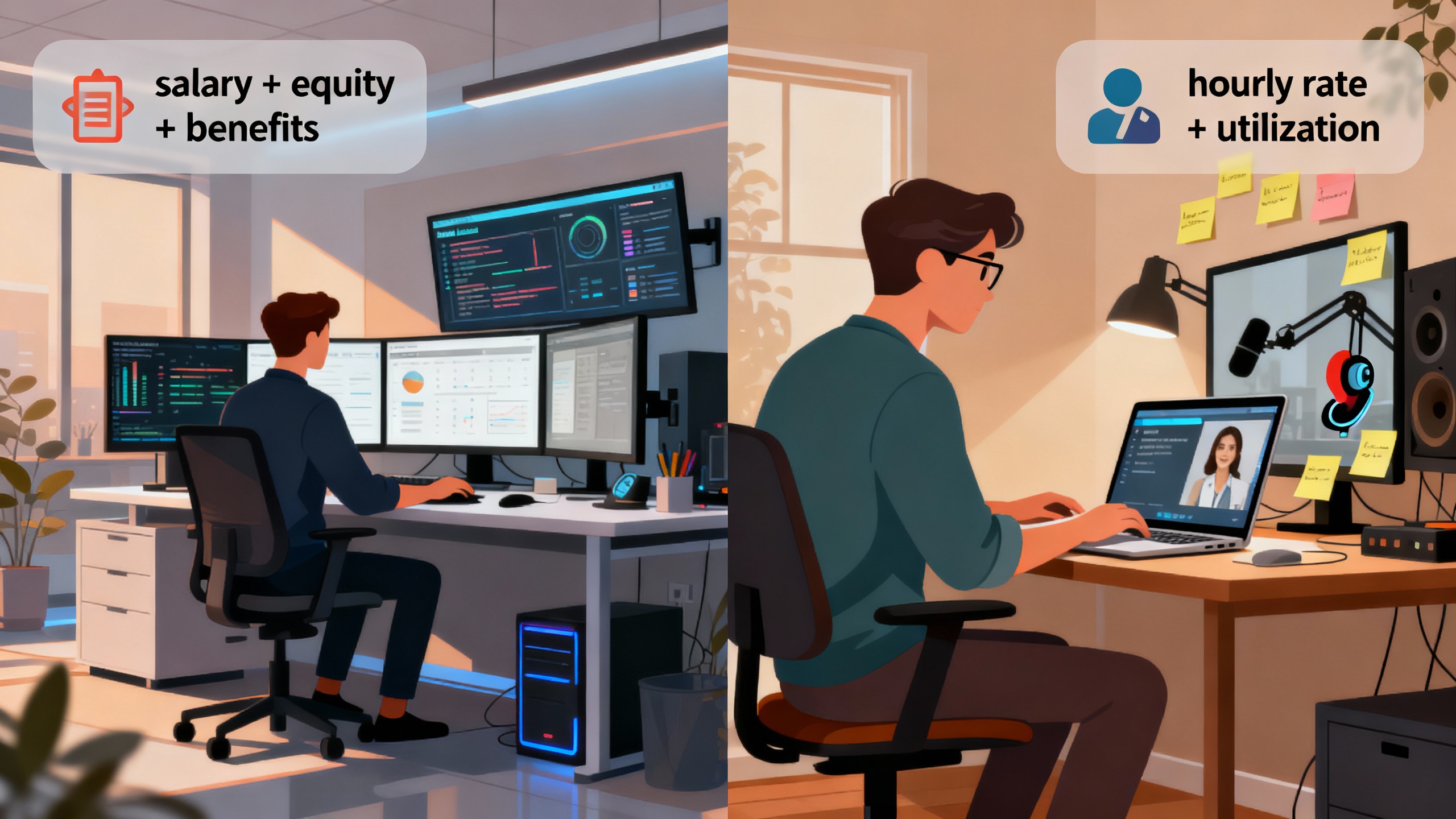 Split-screen comparison of in-house vs freelance prompt engineer compensation