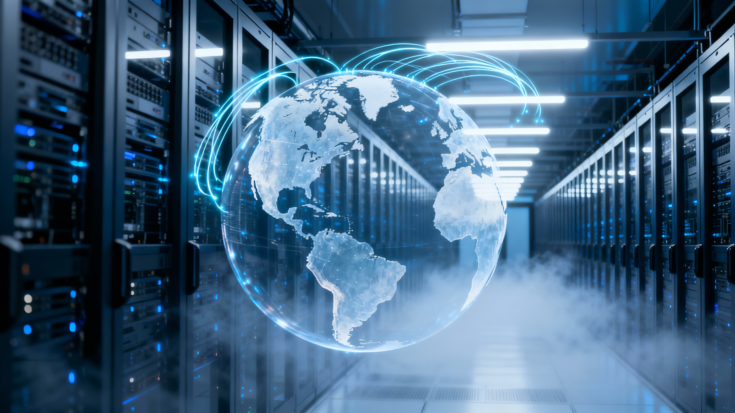 Conceptual editorial image showing a modern data center aisle with glowing fiber links connecting the U.S. and Japan, symbolizing SoftBank and DigitalBridge’s global infrastructure footprint