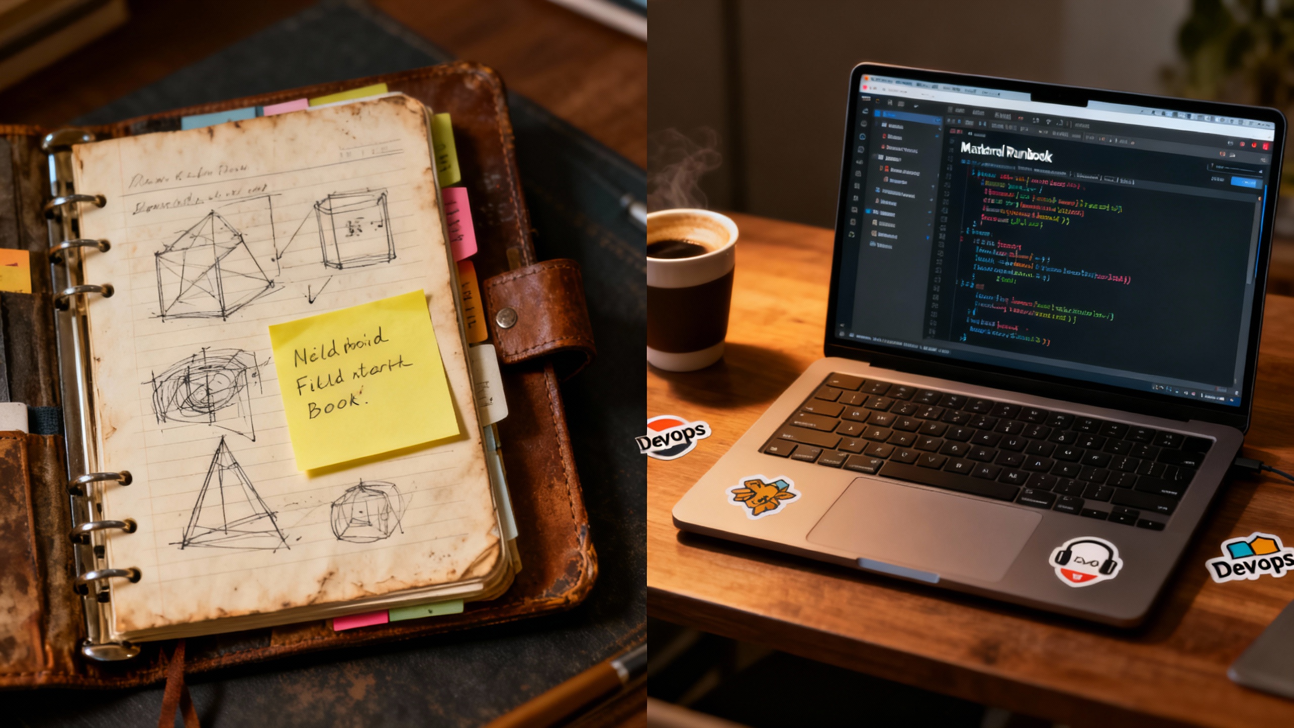 Split-screen of a battered field notebook and a laptop showing a markdown runbook in a code editor