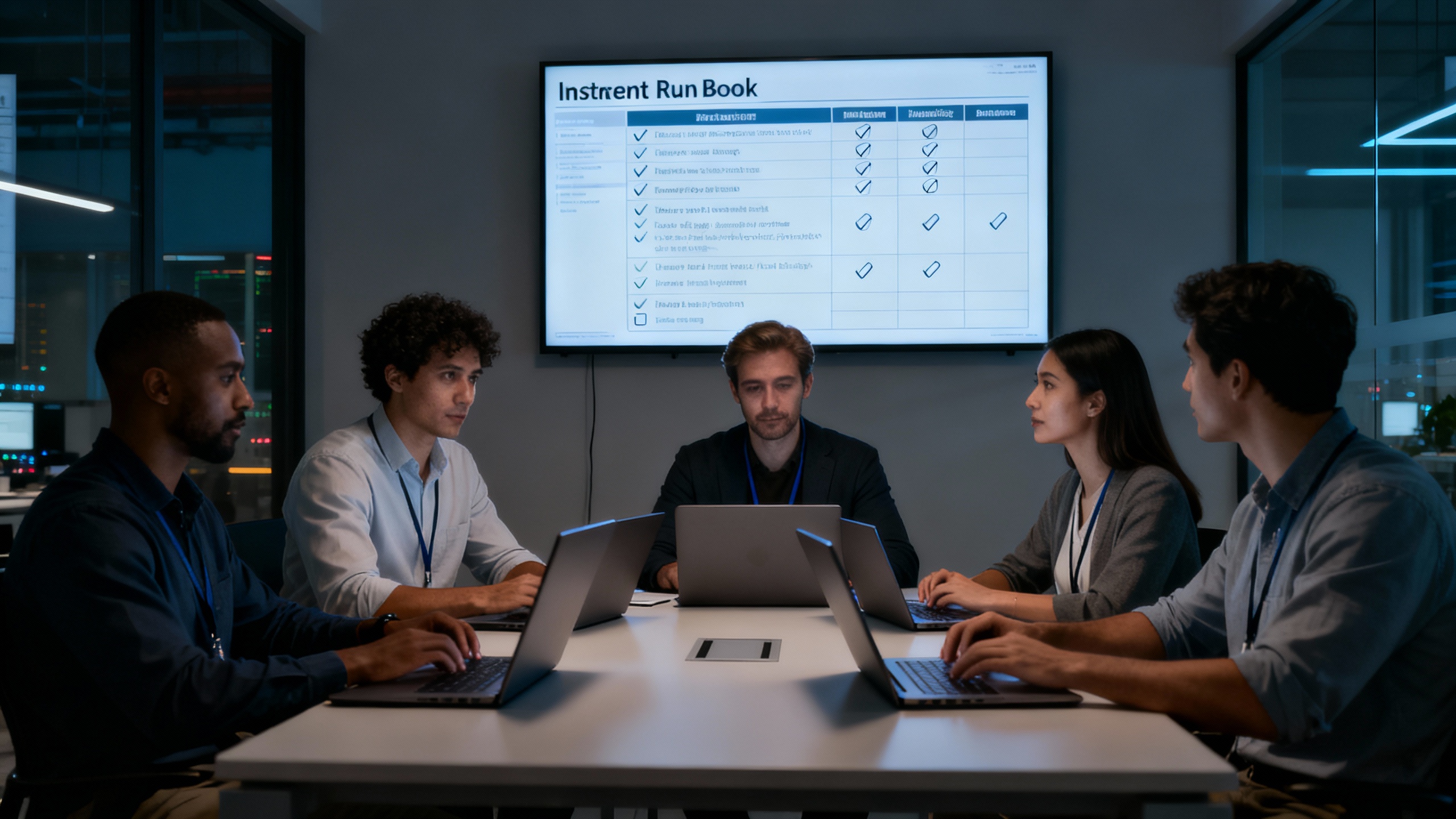 Engineers in a war room setting using a shared runbook on a large screen, with calm, focused atmosphere
