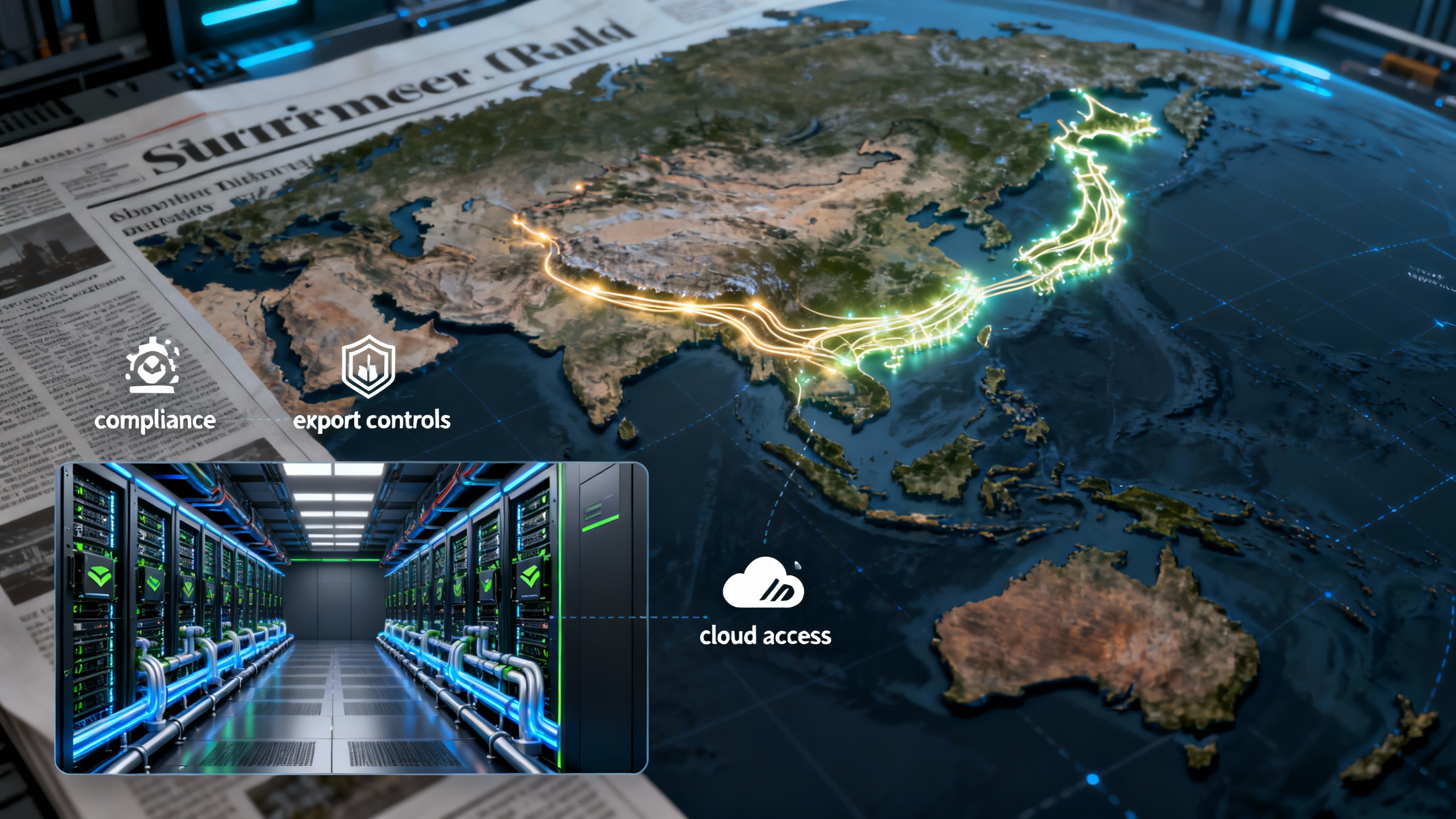 Map-centric illustration of China, Japan and Australia with fiber links; stylized Blackwell GPU racks inside a Japanese data center; subtle compliance & export-control icons