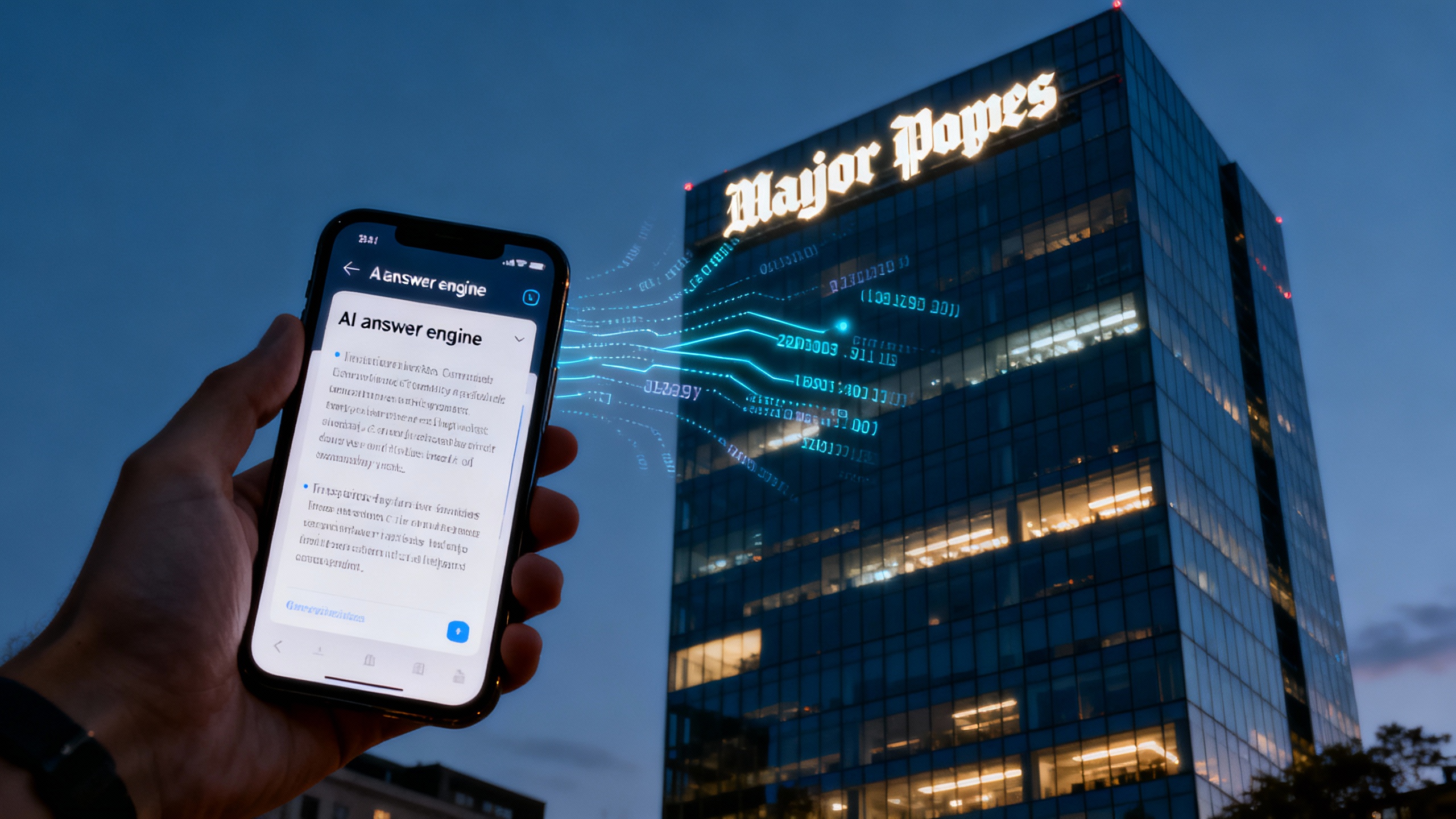 A stylized scene of The New York Times building juxtaposed with a glowing AI search interface on a smartphone screen, symbolizing the legal clash between journalism and AI