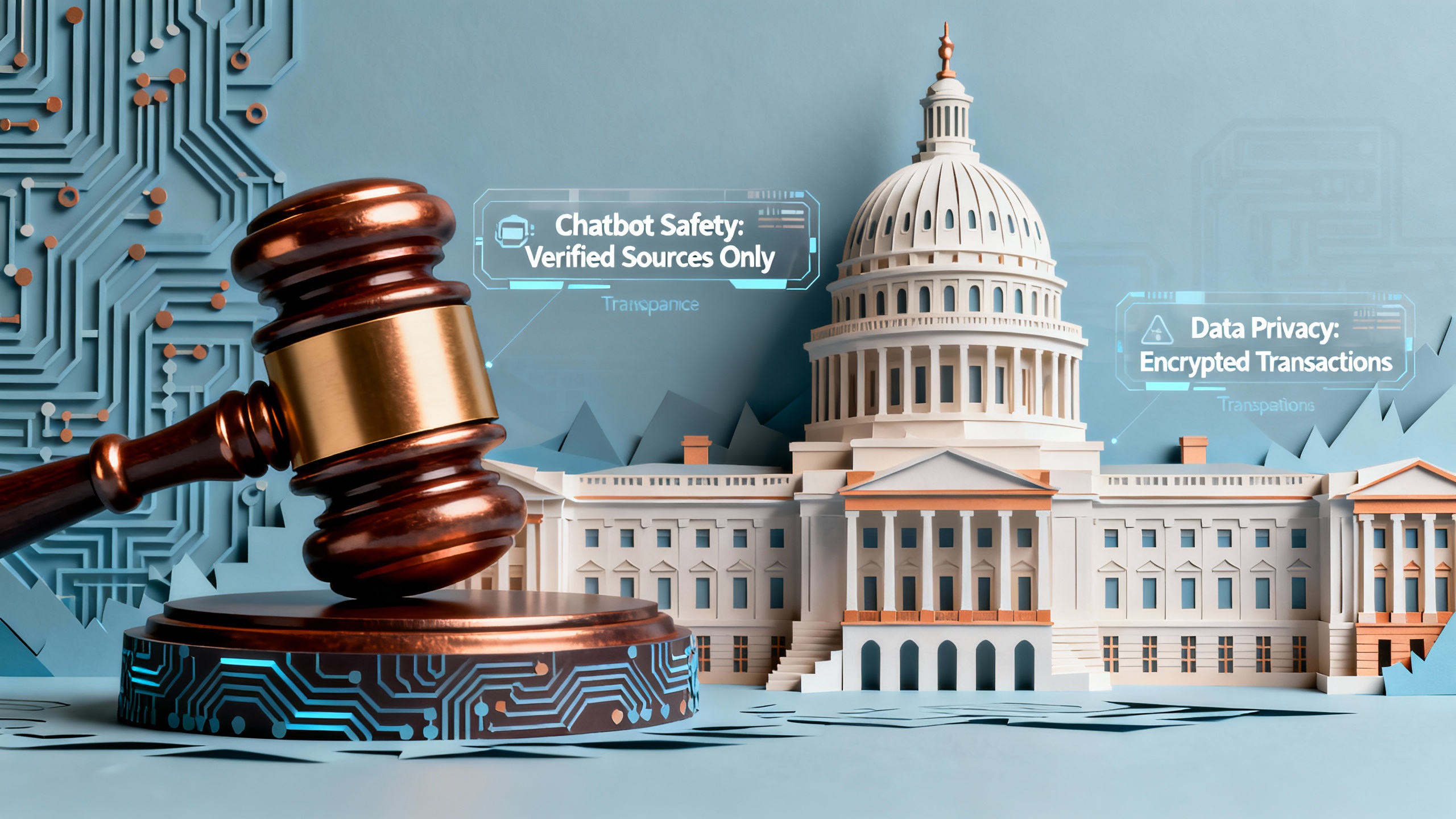 Composite visual: US state capitols, a gavel, and abstract AI circuitry signifying new AI laws taking effect
