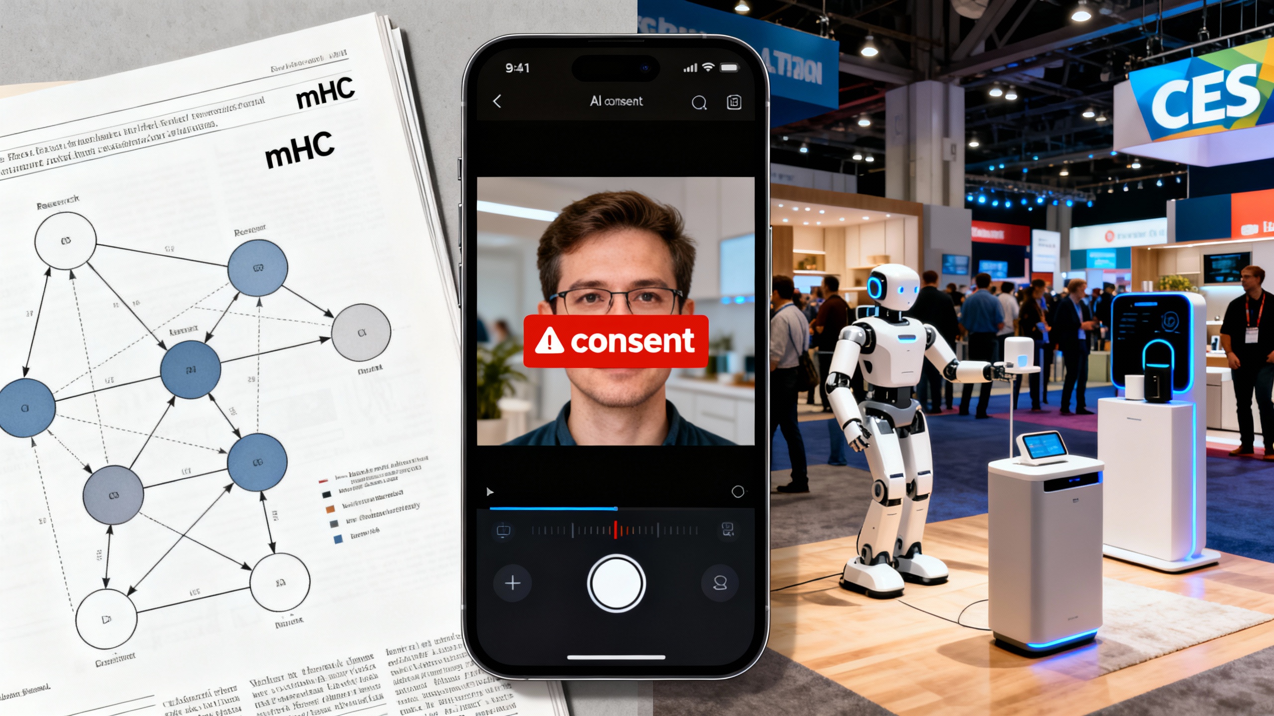 Collage of AI headlines: a smartphone showing an AI image-editing interface, a research paper diagram, and a CES show floor with robots and smart devices