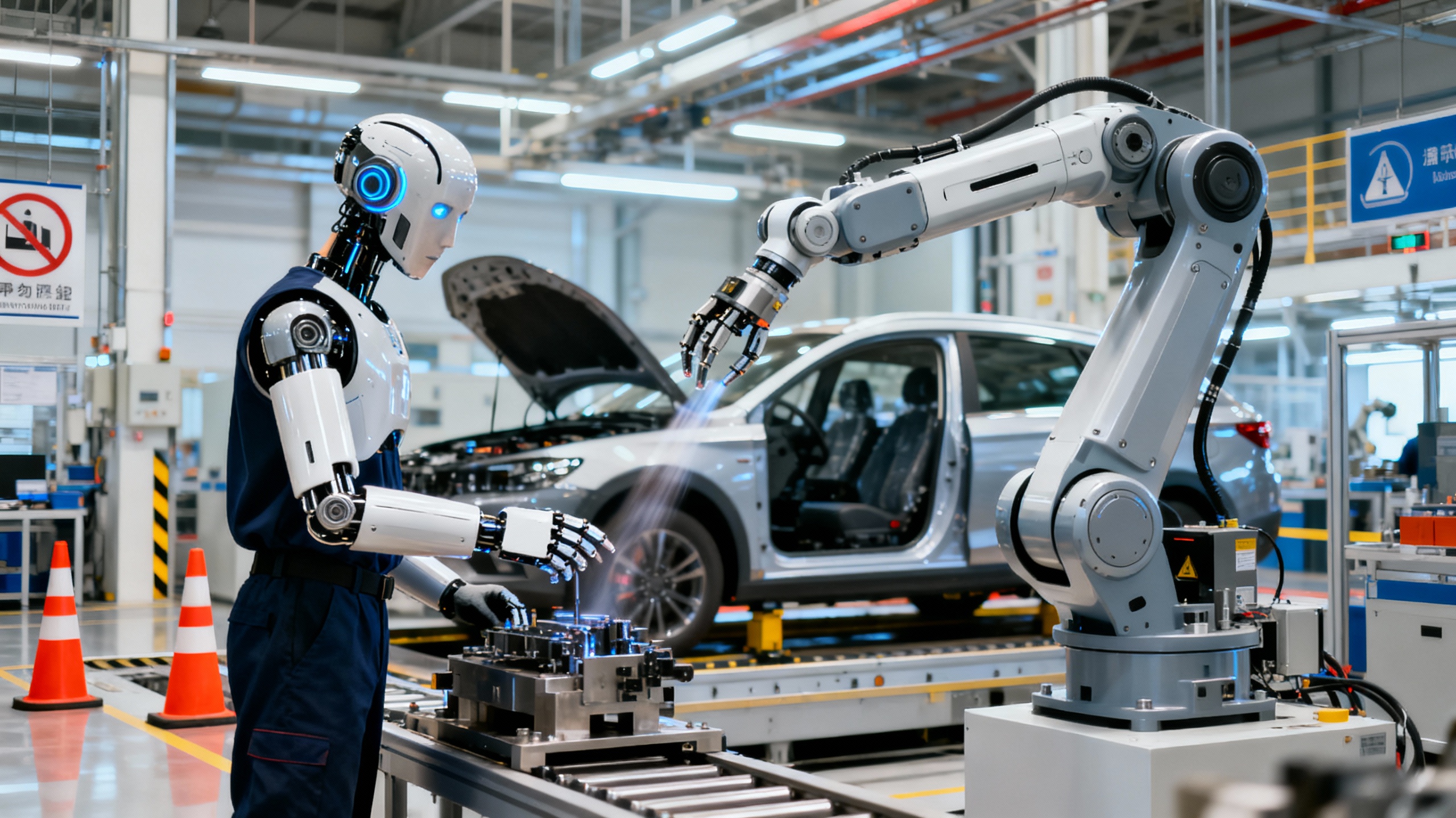 A humanoid robot carefully stacking components next to a human operator on a modern assembly line; bright factory lighting; safety cones and signage; clean industrial aesthetic