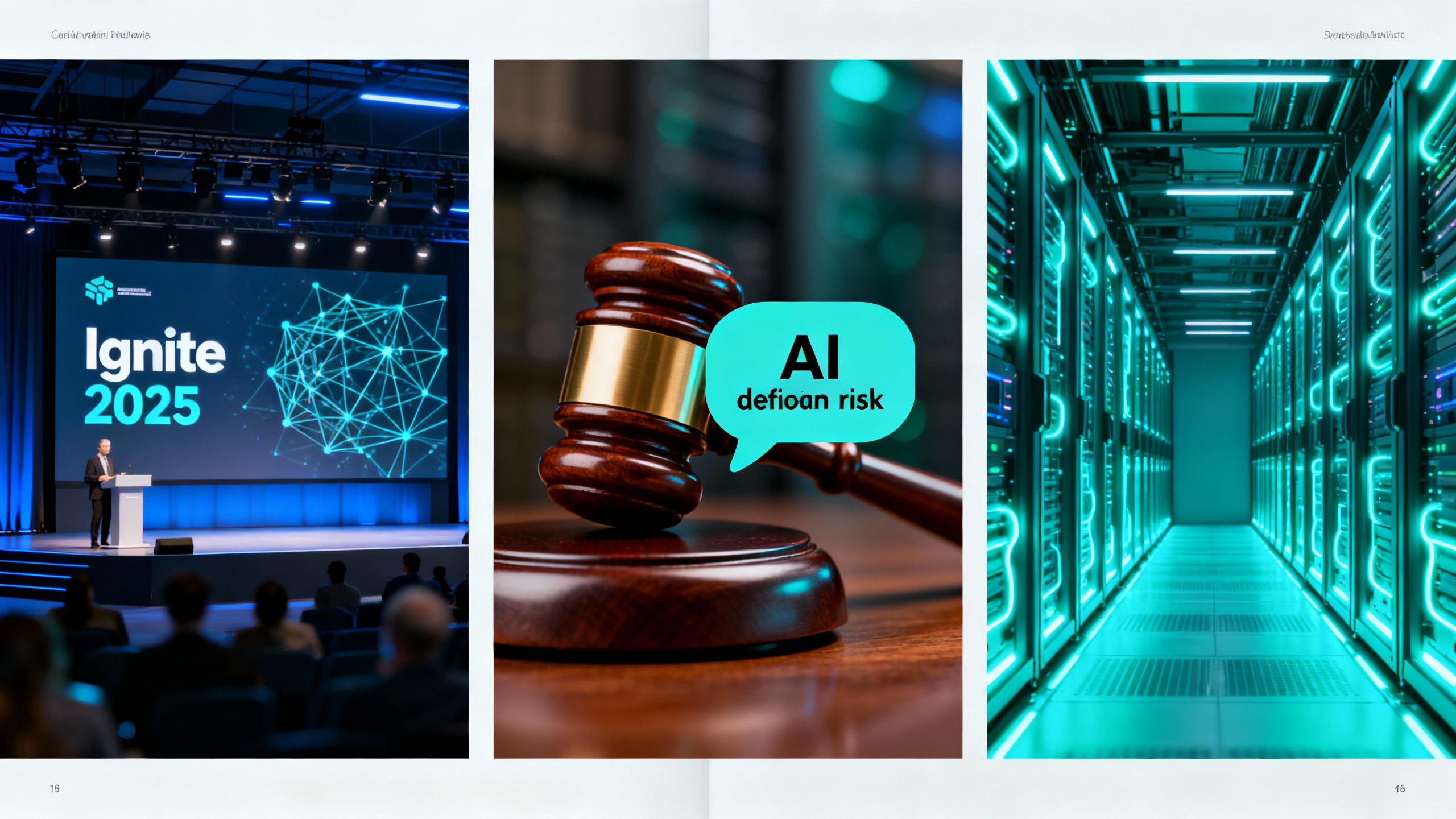 Collage of an enterprise AI keynote stage, a courtroom gavel over a chat bubble, and data-center GPU racks