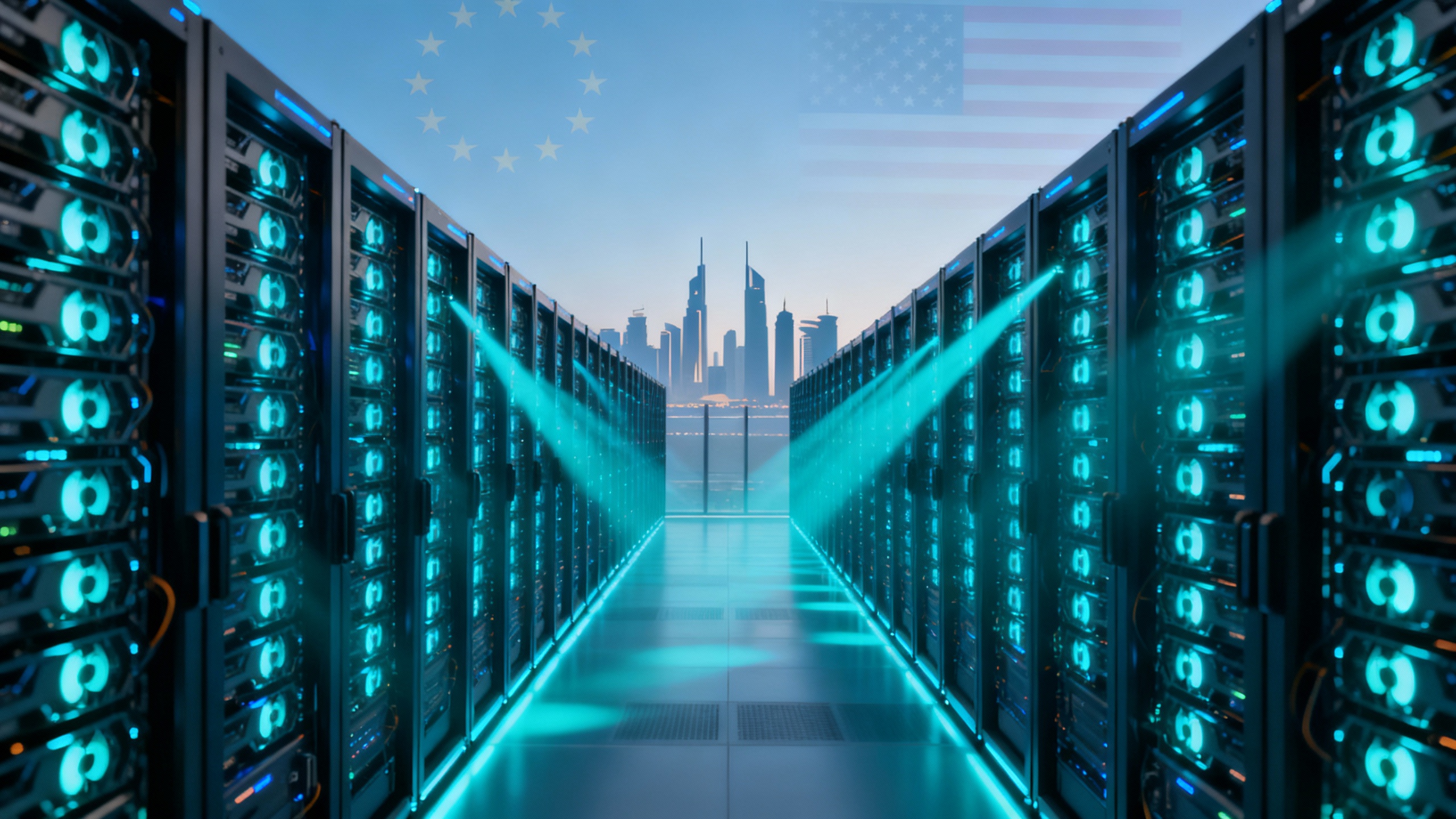 AI compute racks stretching toward a skyline with U.S. and Gulf motifs, symbolizing the global buildout of GPU infrastructure