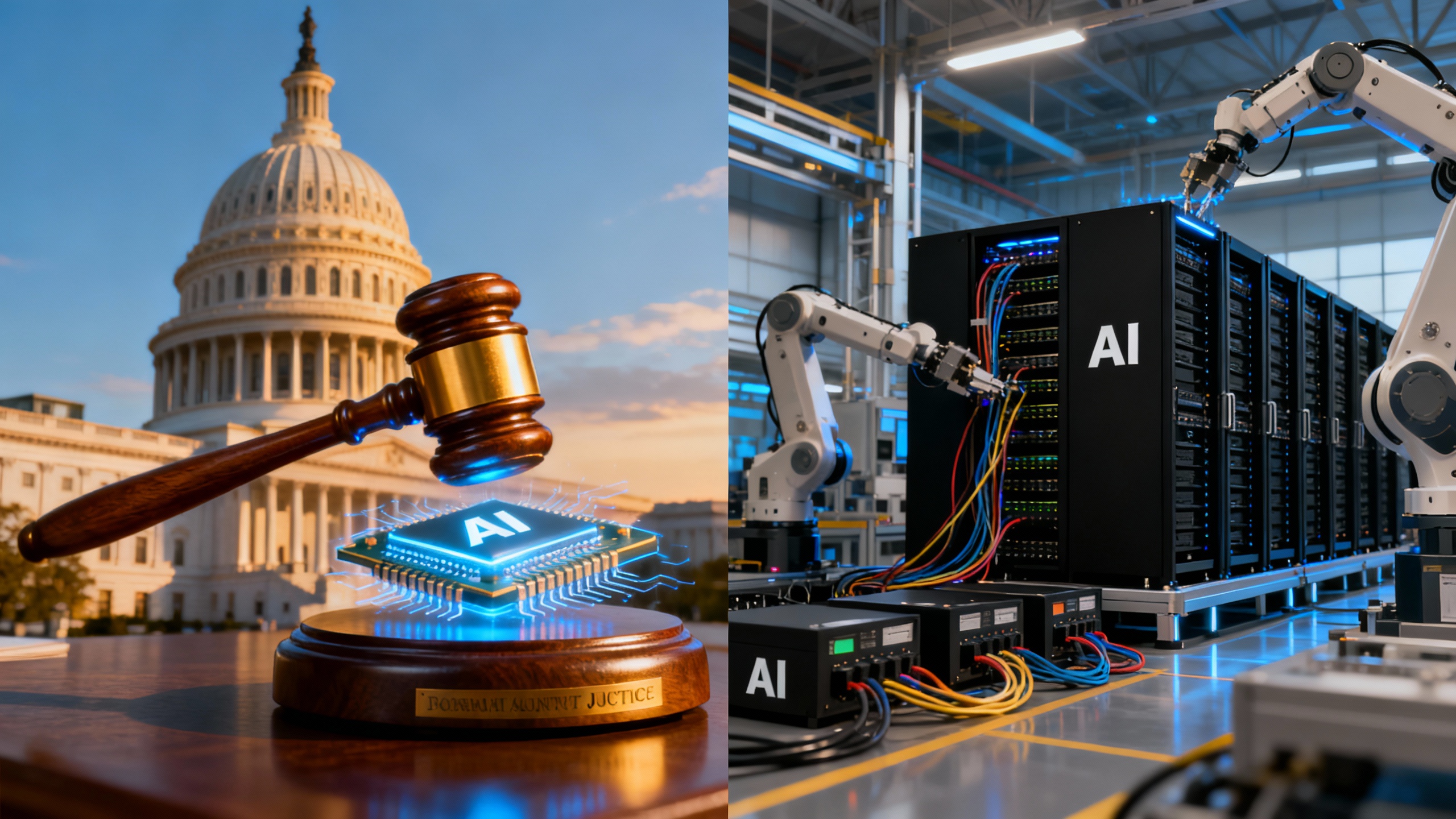 U.S. Capitol dome with a DOJ gavel over a glowing AI chip, and a factory line with robotic arms assembling server racks