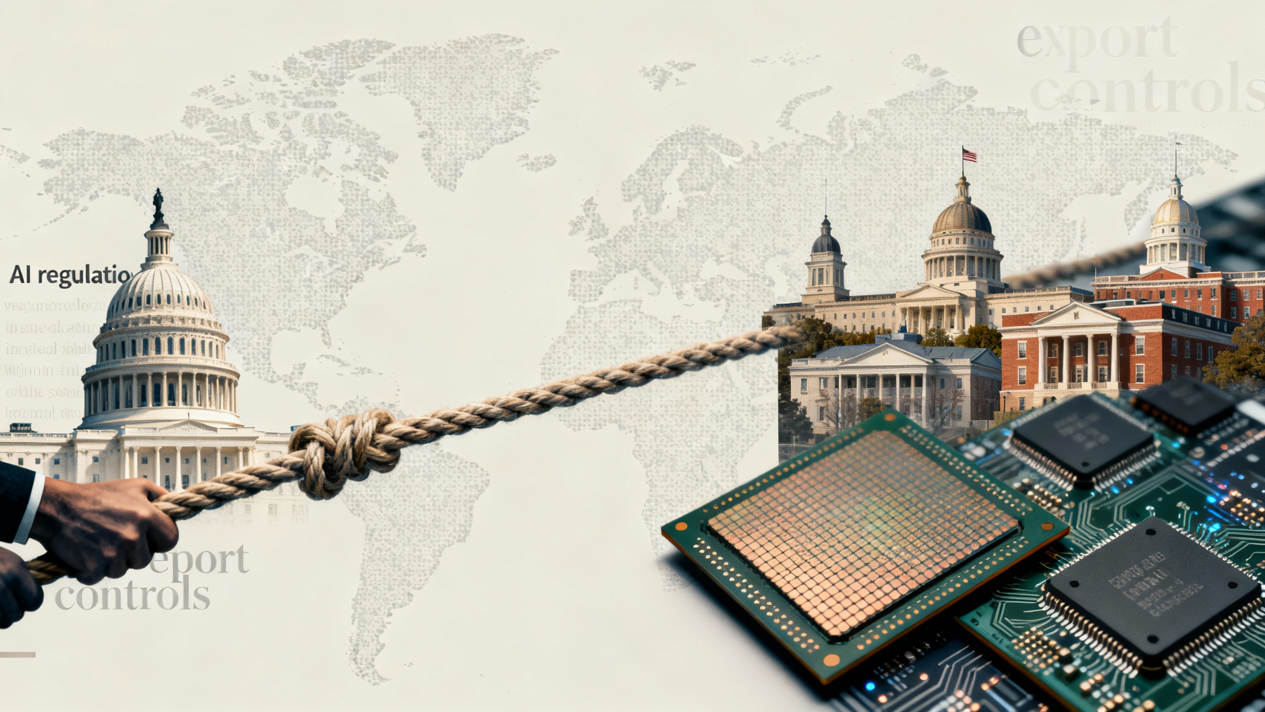 Tug-of-war between US federal and state regulation over AI, overlaid with a semiconductor supply chain map and headlines about export controls.