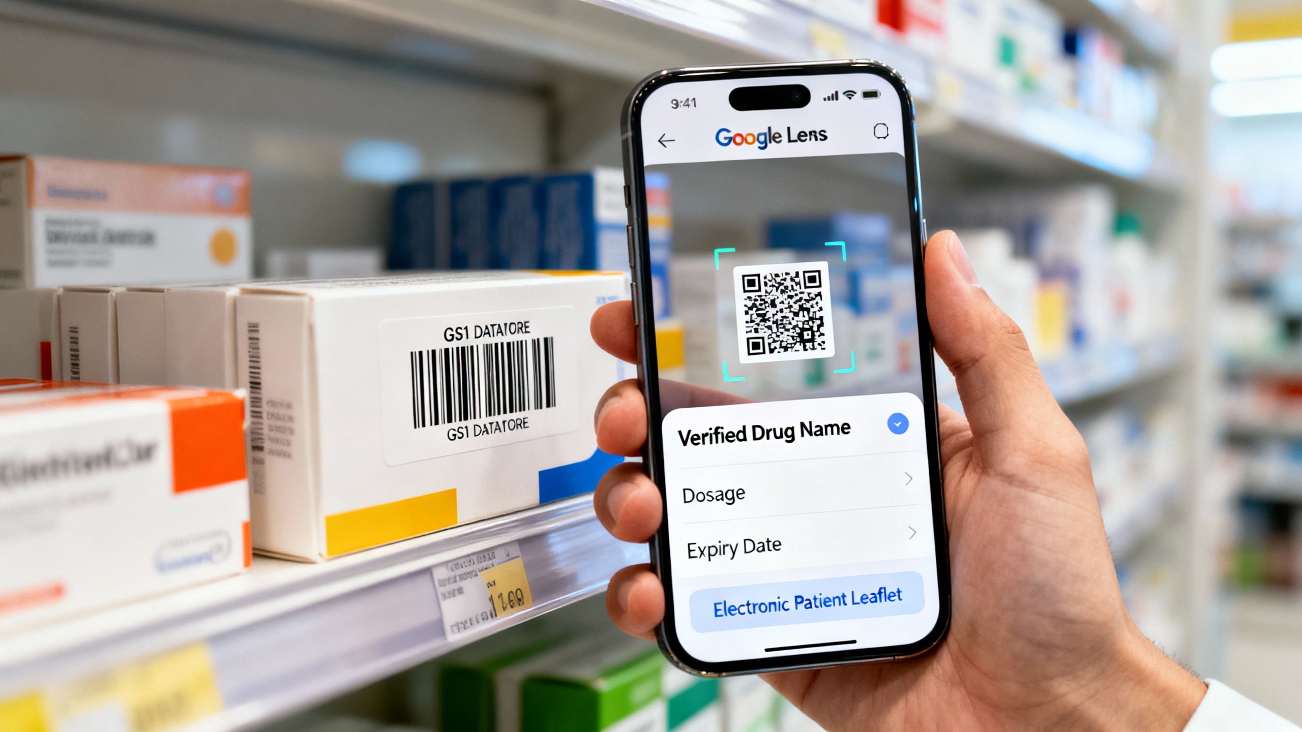 Close-up of a smartphone using Google Lens to scan a GS1 DataMatrix barcode on a medicine box; a clean UI overlay shows verified dosage and leaflet links.