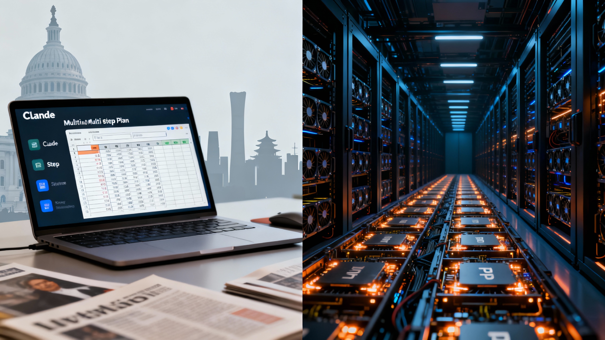 A split scene showing a spreadsheet filled with AI-generated insights on one side, and a data center aisle with GPU and TPU servers on the other, hinting at regulation and geopolitics in the background