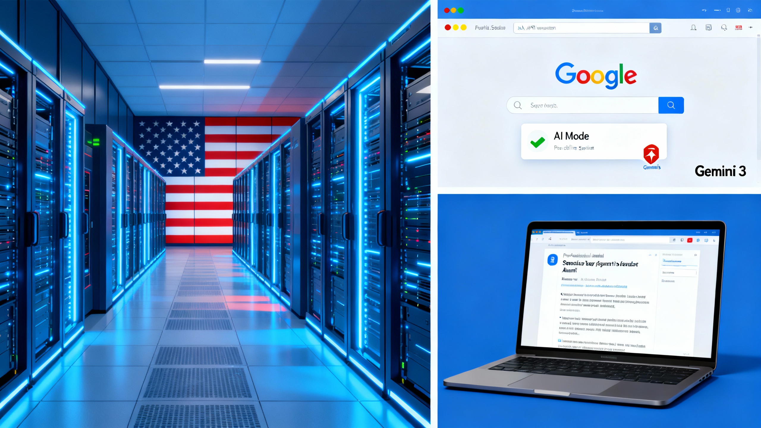 A split-screen collage: left shows a data center with U.S. flag overlay and AWS logo, center shows a Google Search screen with an ‘AI Mode’ Gemini badge, right shows an email security alert on a laptop referencing a vendor incident