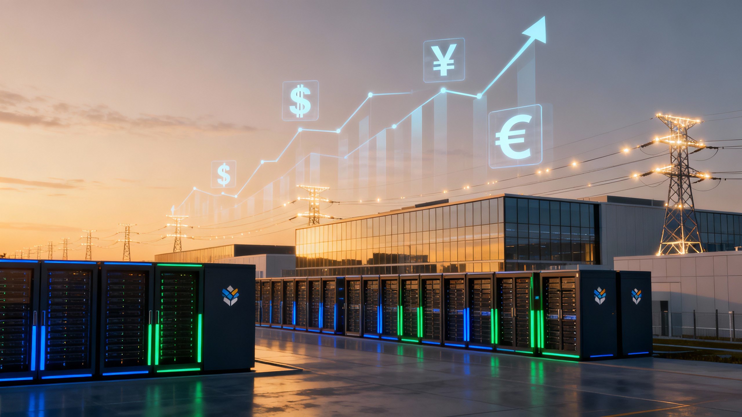 Aerial view of massive AI data centers connected by high‑voltage lines with dollar‑bill overlays and a subtle OpenAI/Oracle/Vantage motif; editorial illustration