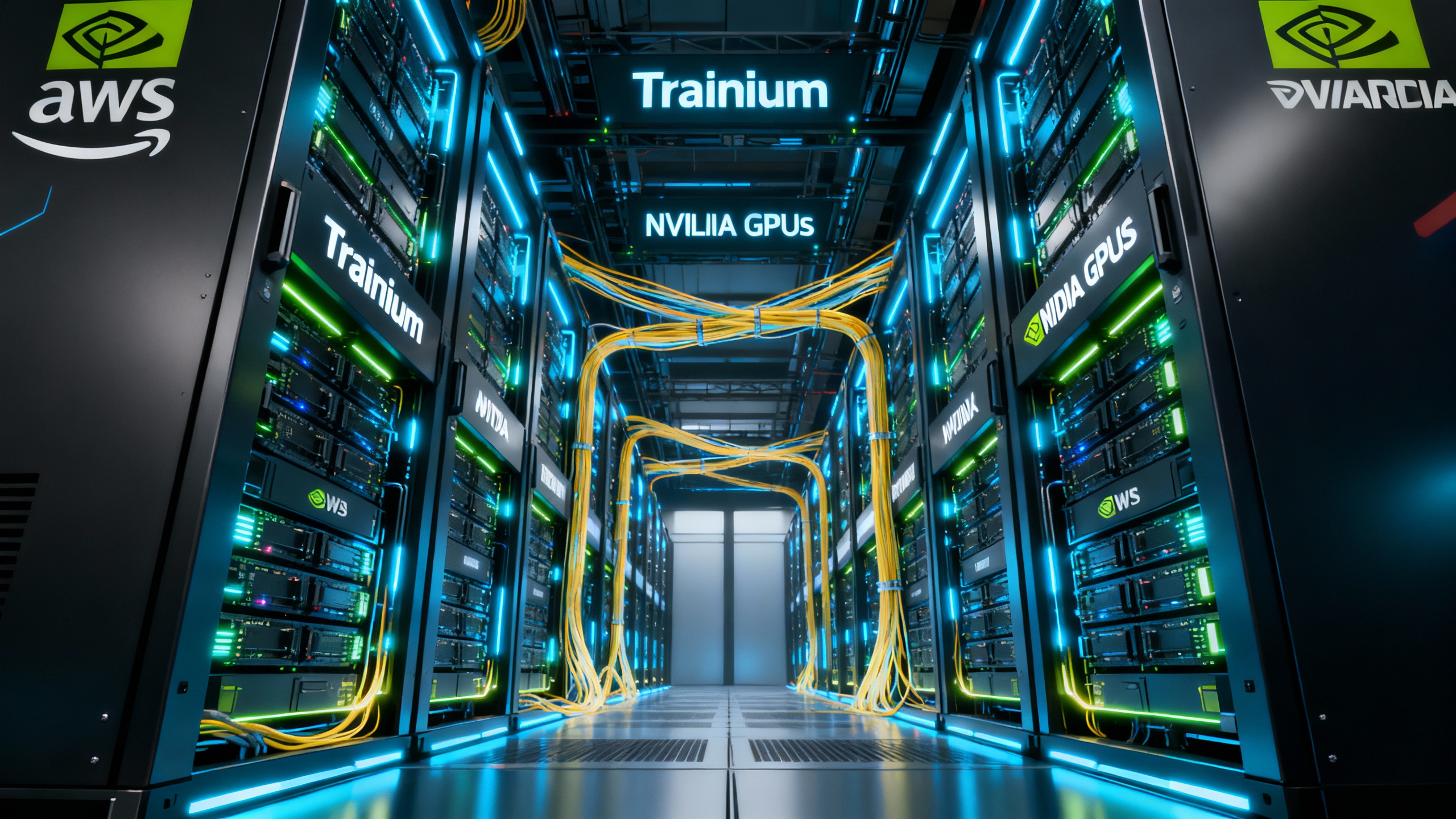AWS and NVIDIA partnership visual: racks of AI servers, Trainium chips, and NVLink interconnects in a modern data center