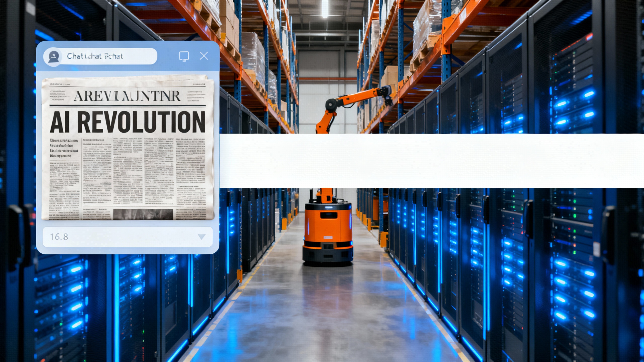 Collage of AI chatbot over news headlines, data centers, and a robotic warehouse